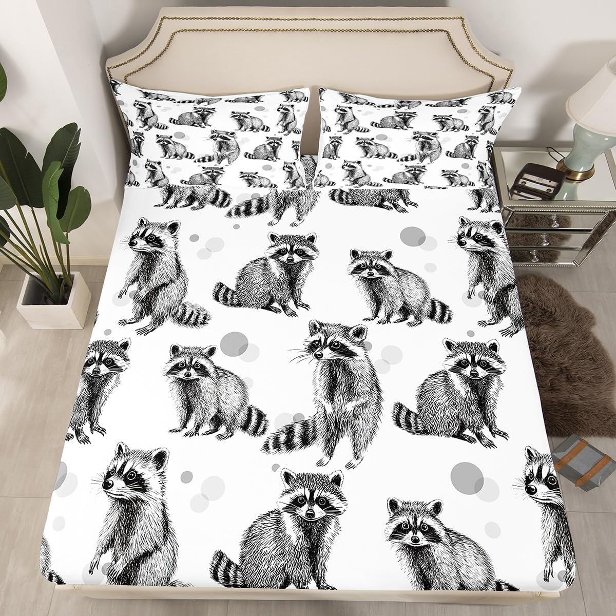 Raccoon Fitted Sheet Black and White Bed Sheets for Kids Boys Teens,Cute Wild Animals Bedding Sets Lovely Wildlife Bedding Decor Set Grey Sketch Hand Drawn Bedroom Decor Queen Size