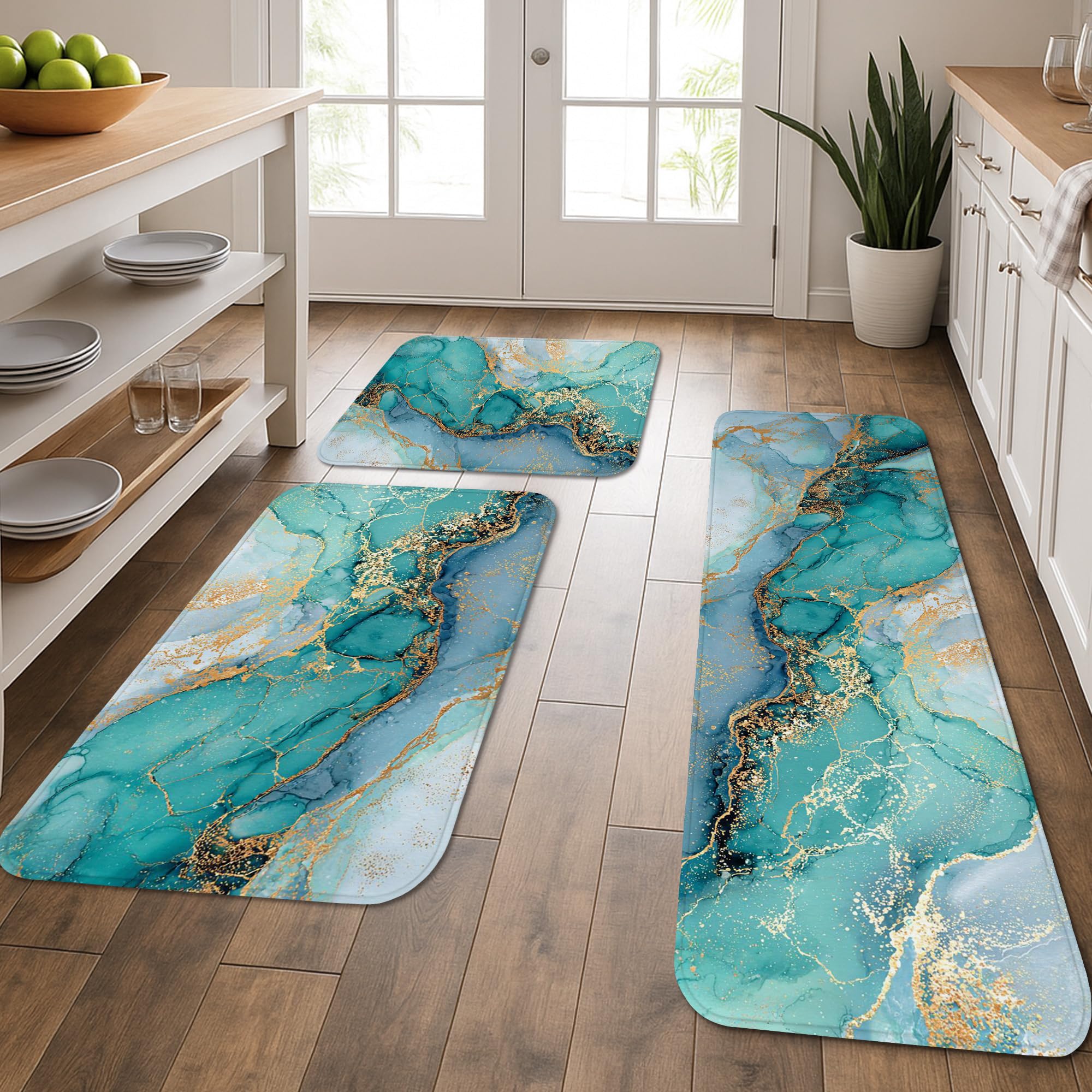 Elegant Kitchen Mats for Floor, Teal Marble Artistic Soft Mats, Cushioned Comfort Washable Non Slip Decor Rugs for Kitchen Sinks Laundryroom Bathroom