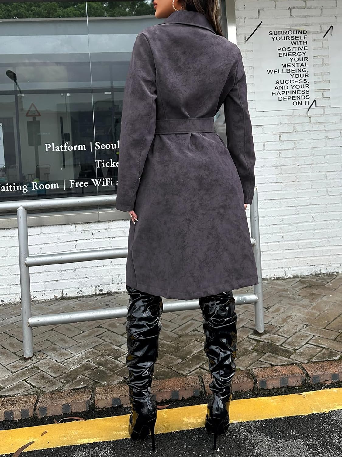 Leather Jacket Women Trench Coat Long Loose Button Lined Jacket Open Front Faux Motorcycle Coat with Belt - Image 5