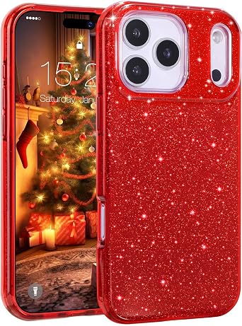 MATEPROX Compatible with iPhone 17 Pro Max Case 6.9 [2025], Glitter Bling Trendy Sparkle Protective 3-Layer Shockproof Anti-Scratch Christmas Cover for Girls Women -Red