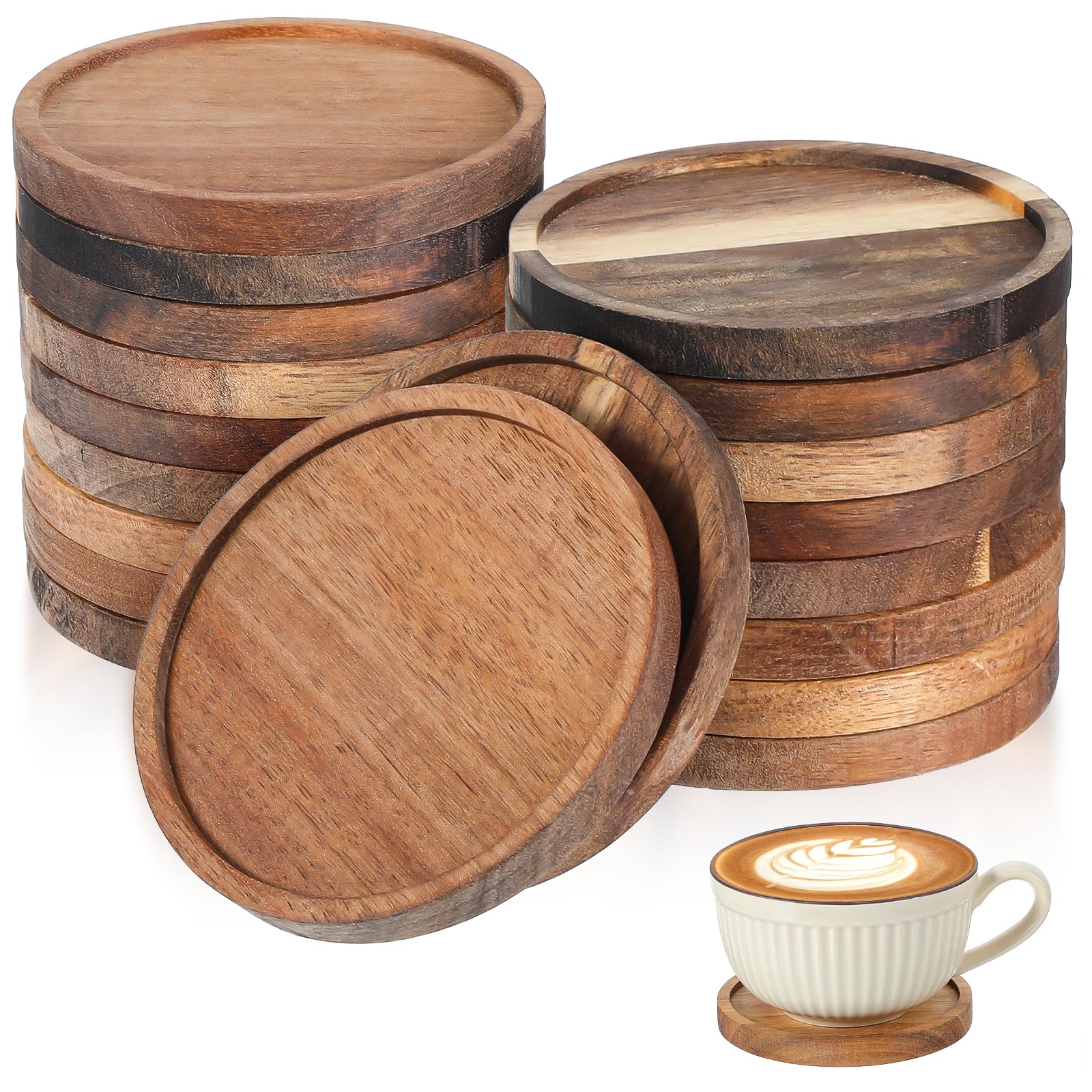 Photo 1 of 16 Pcs Wood Coasters for Drinks, 4 Inch Wooden Coasters Stackable Coaster Bulk Reusable Drink Coaster 4 Inch Round Acacia Wooden Coaste for Crafts for Drinking Glasses, Tabletop Protection