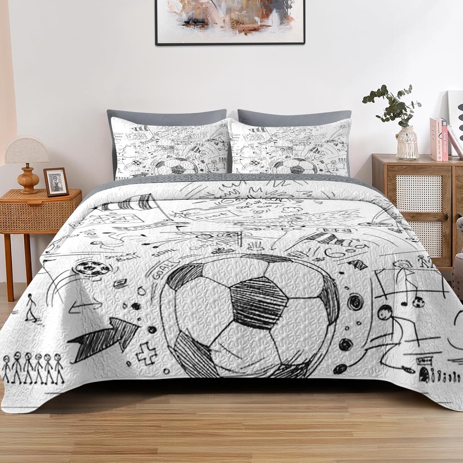 Quilt Set Twin Size, Game Soccer Painting 2 Pcs Soft Bed Cover Bedding Set for Kids and Adults, Football Ball Cup Sport Lightweight Bedspread Coverlet with Pillow Sham for All Season