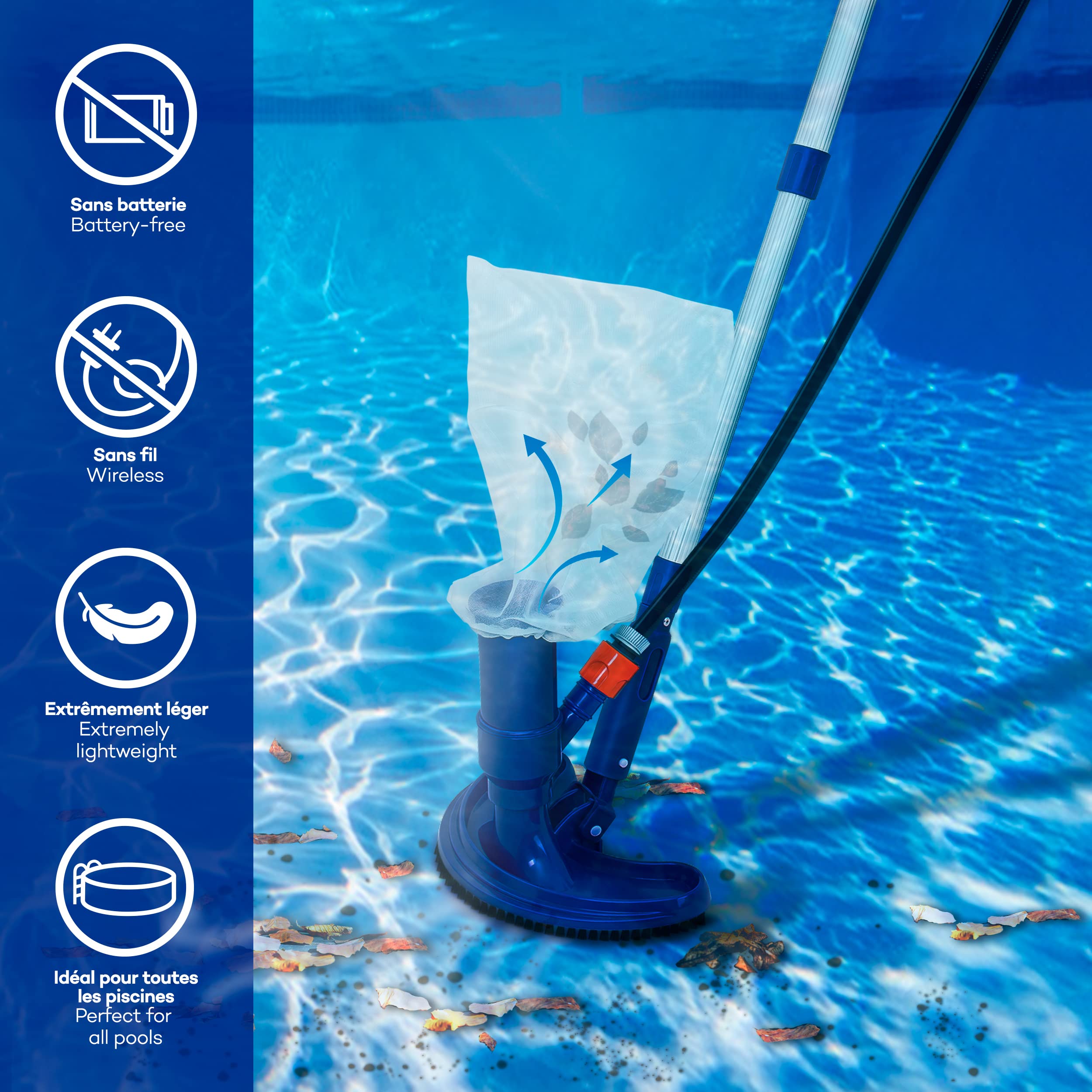 tillvex Aspirateur de Piscine à Vide | Kit d'entretien pour Piscine | Set d'Accessoires de Nettoyage avec Aspirateur, Sac à Feuilles, Écumoire Manche Télescopique | pour Piscines, Bassins, Fontaine