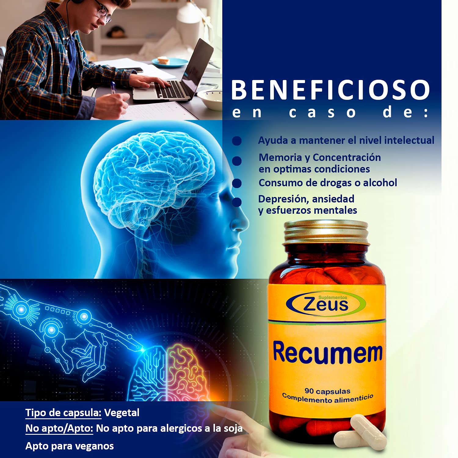 Suplementos Zeus RECUMEM | Contribuye a mejorar la memoria y otras funciones cognitivas | 100% Vegano | 90 Caps Veg