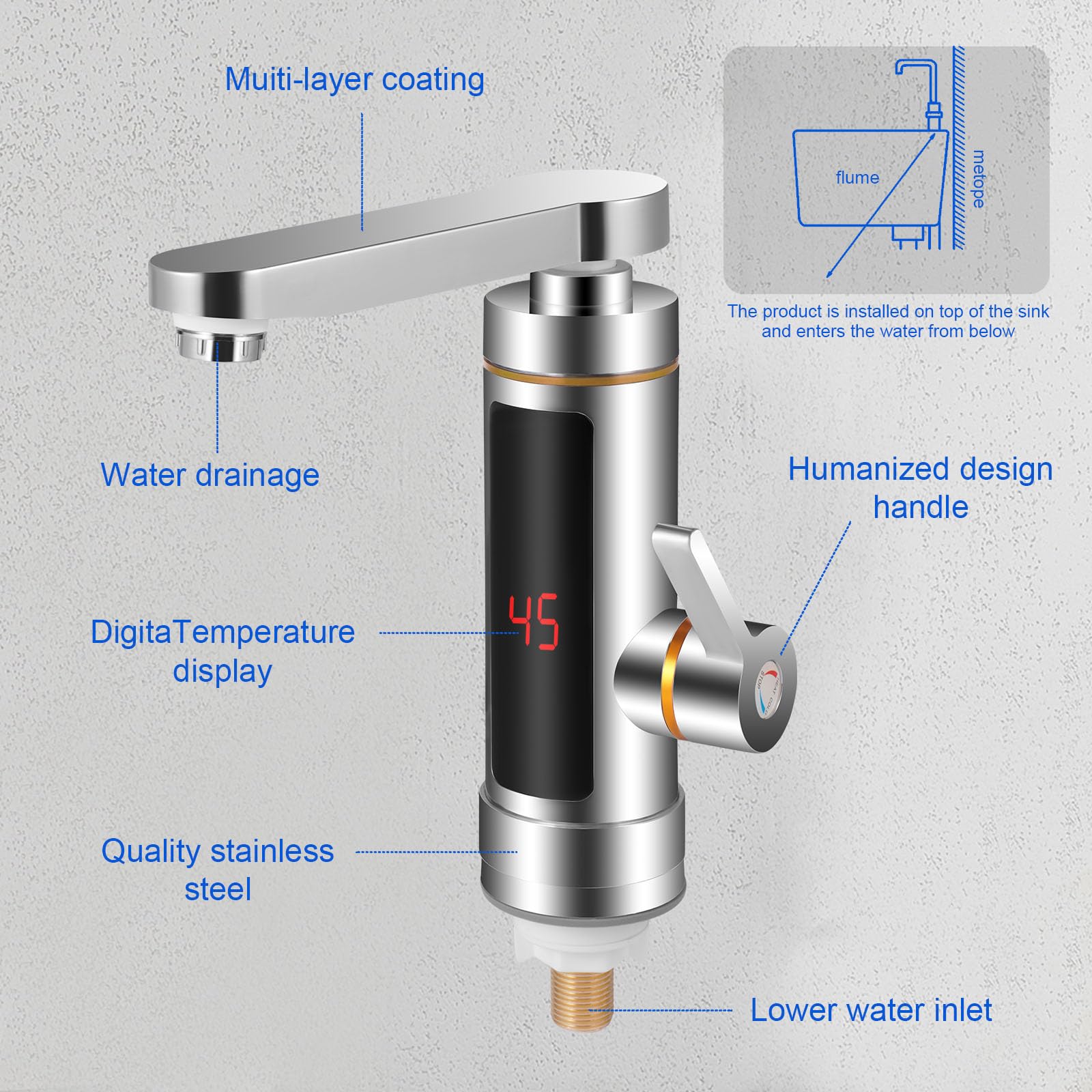 Grifo eléctrico instantáneo, grifo de calentador de agua eléctrico, indicador de temperatura LCD, mezcla de 360°, grifo de cocina giratorio, grifo de agua instantáneo