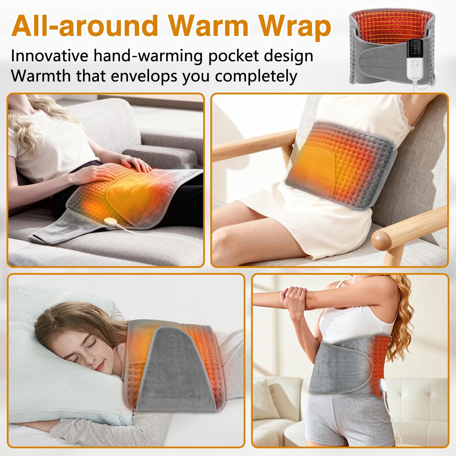 Coussin Chauffant Electrique 125x30cm,Ceinture Lombaire Chauffante,avec 4 Réglages de Minuterie, 10 Température,Pour Dos Cervicales Abdomen,Lavable en Machine