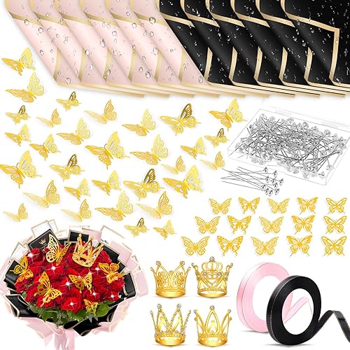 Tetutor 206 hojas de papel de regalo de flores impermeables, hojas de papel de regalo de ramos, papeles de envoltura floral con cintas, alfileres de