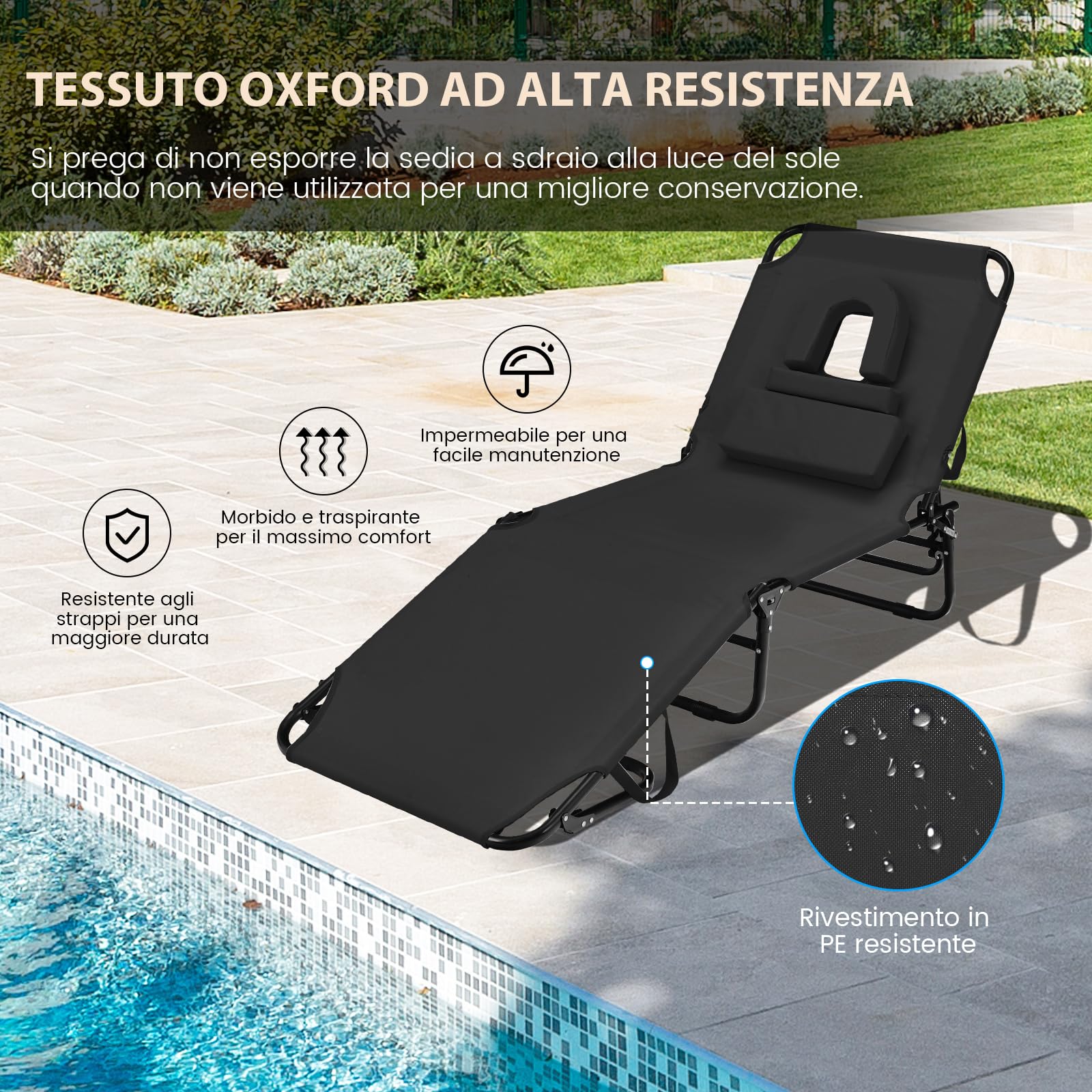 COSTWAY Lettino Prendisole Pieghevole da Spiaggia (1, Nero) | Sedia a Sdraio da Mare con Schienale Regolabile 5 Posizioni, Foro per il Viso e 3 Cuscini Rimovibili, Portata 160kg