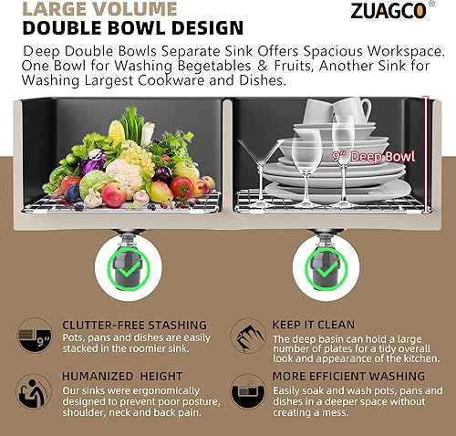 Miniatura 6 de ZUAGCO Fregadero de granja doble negro de 33 pulgadas, fregadero de granja de arcilla refractaria, fregadero de cocina de doble tazón, delantal