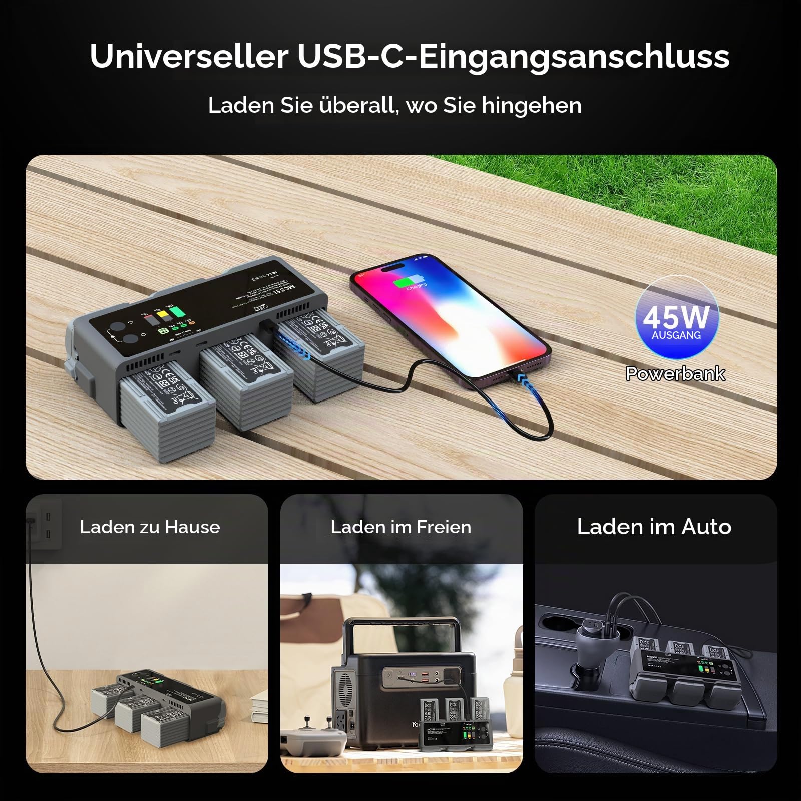 LIMETA MC331 200W Ladehub für DJI Air 3/Air 3S, Dreikanal Parallel Schnellladestation, Doppelt 100W USB-C Eingang, 45W Ausgang, Farbdisplay & APP-Steuerung, Aktive Kühlung Ladegerät (OHNE AKKU)