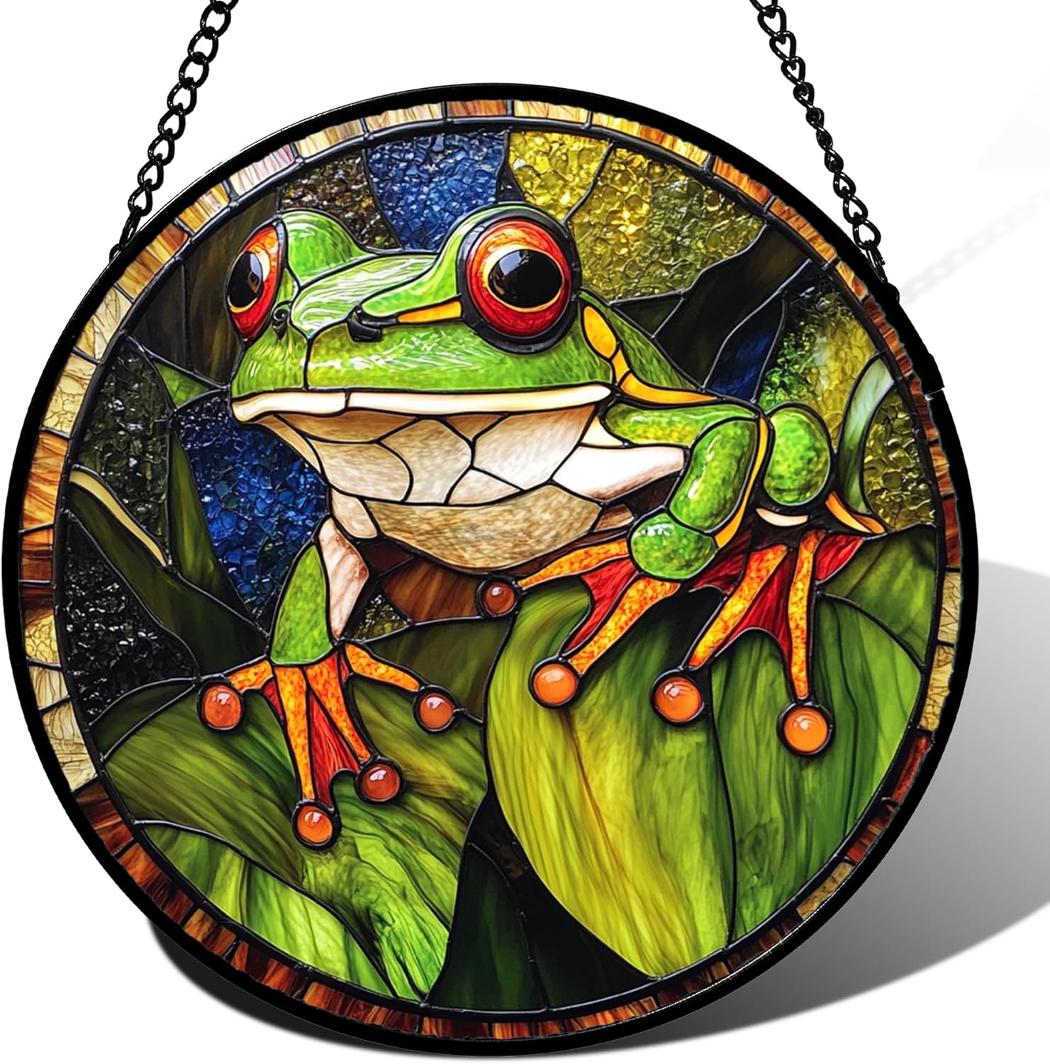 Stained Glass Window Hanging - Frog On Green Leaf Suncatcher for Doors Window Home Funny Sun Catchers Decor Christmas Mother's Day Birthday Gifts for Teacher Women Men Mom Nana 11.8 in