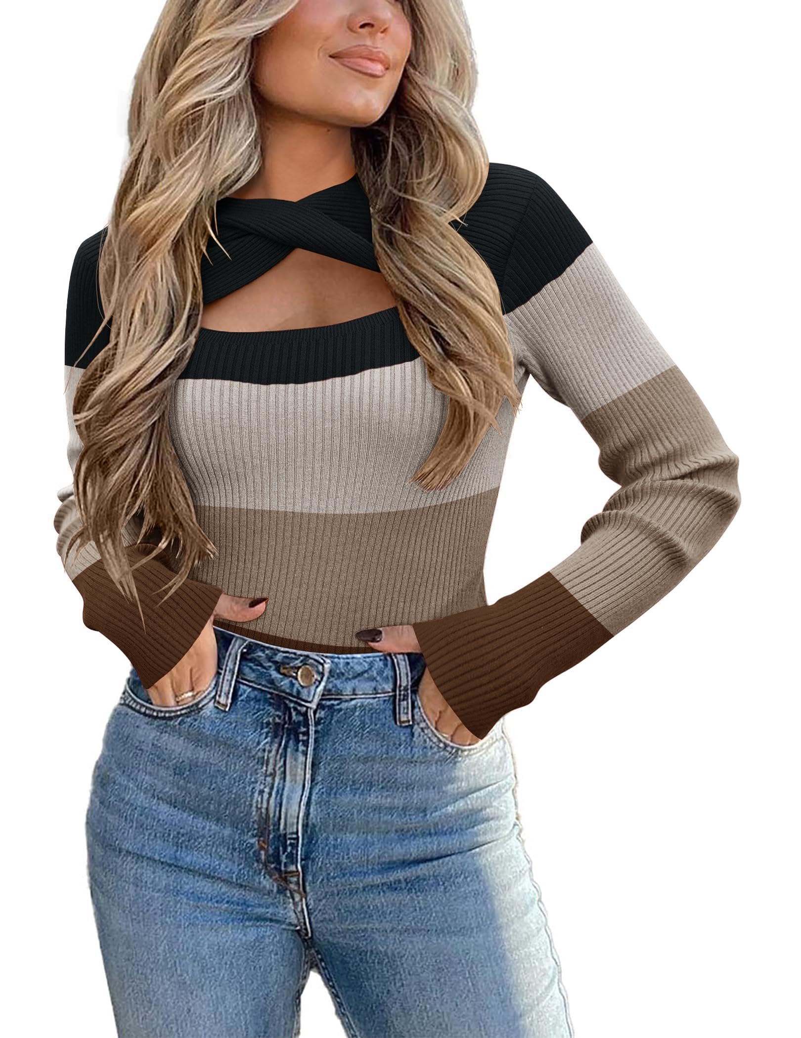 Sweater for Women 2025 Knit Trendy Long Sleeve Lightweight Slim Fit Pullover Cutout Tops S-XXL-image-35