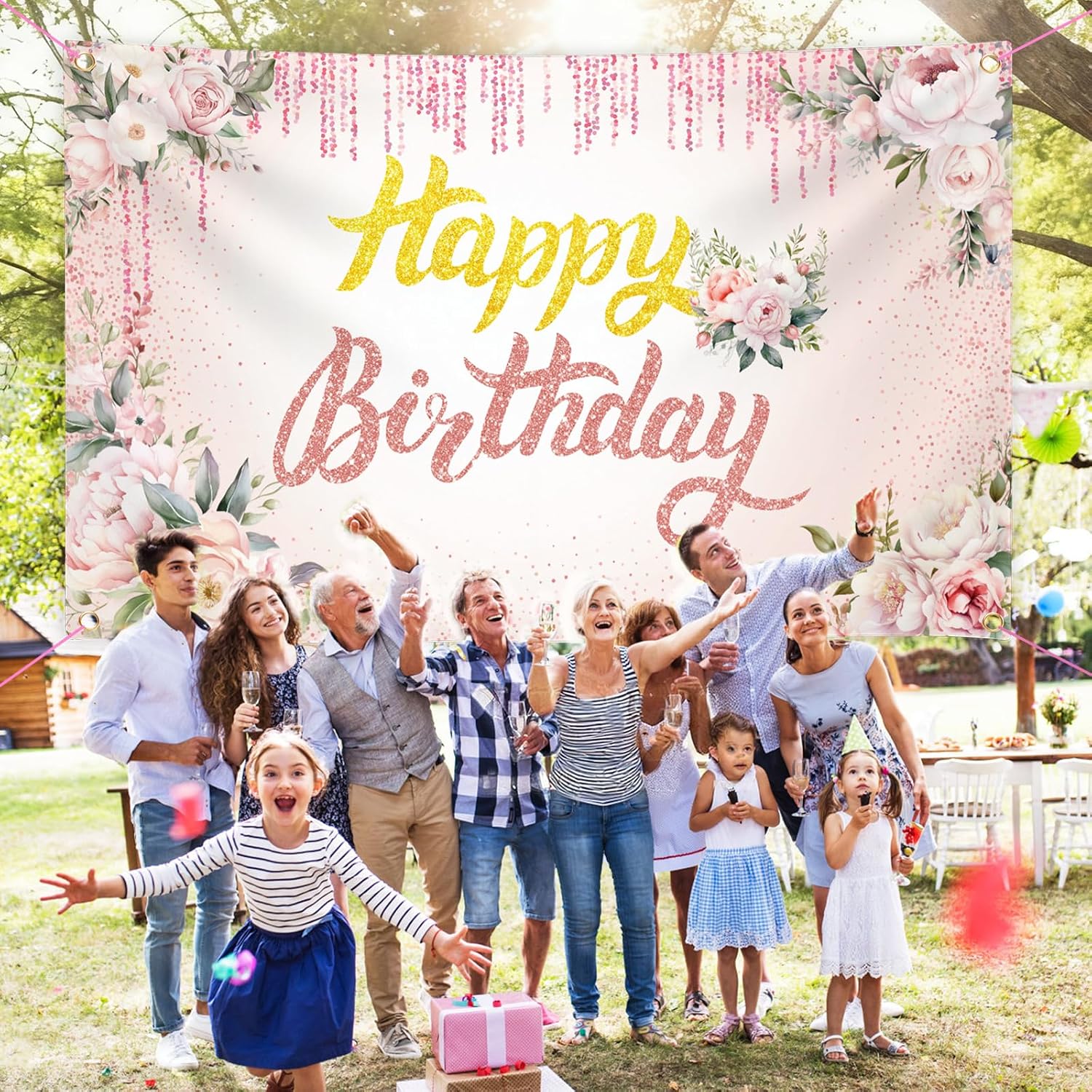 Pink Floral Happy Birthday Backdrop Banner for Women Grils, Spring Wildflower Photography Background Rose Gold Sign Letters Glitters Wild Flower Blossom Plant Pastel Banner 3 by 5 Ft