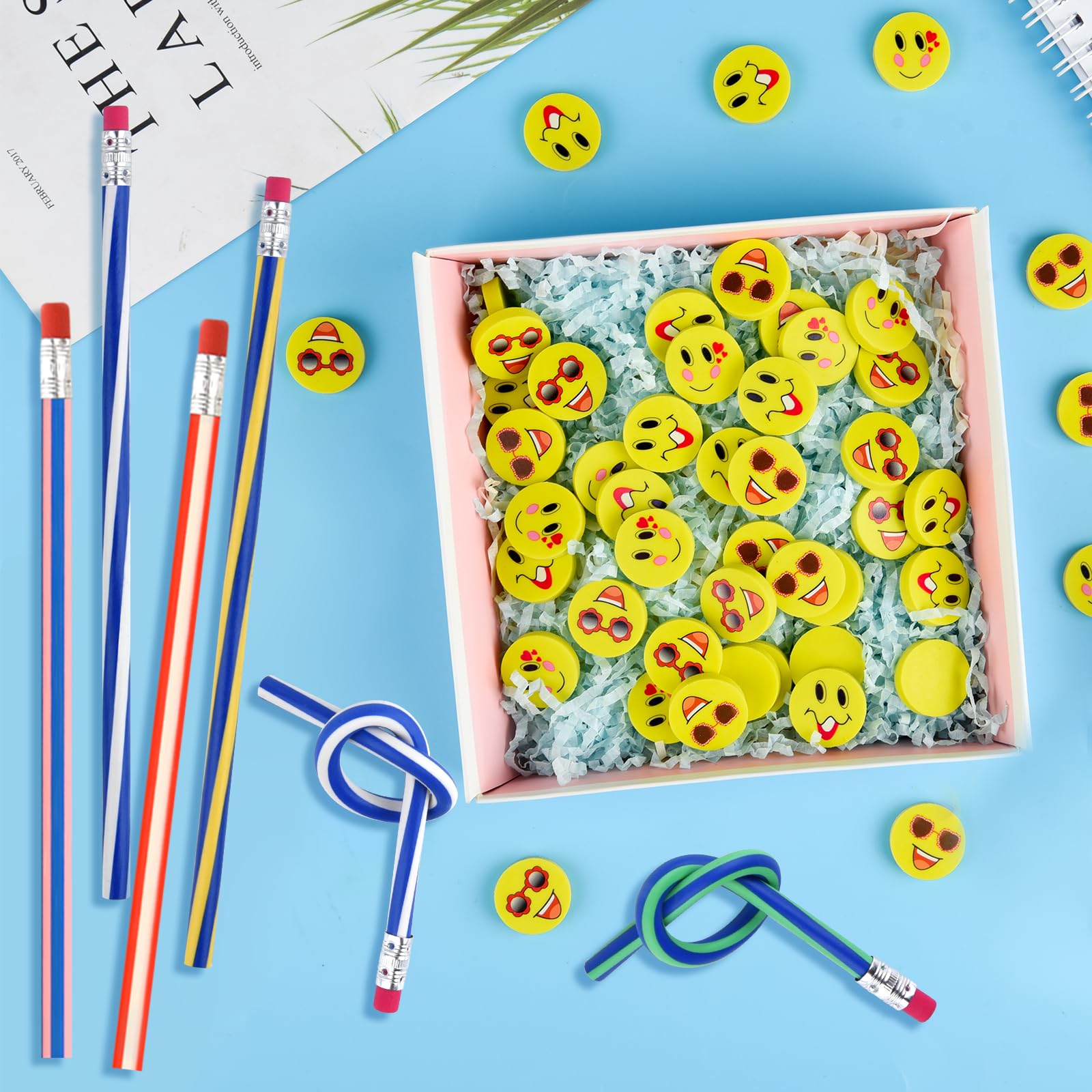 120 pièces Lot de pour pochettes surprises : crayons souples et flexibles, gommes, fournitures scolaires et cadeaux d'invités