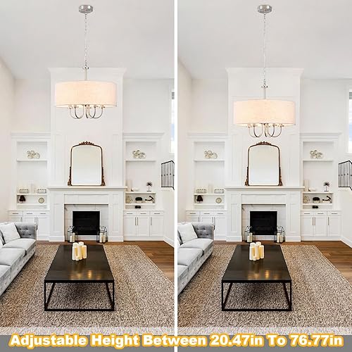 Miniatura 8 de Candelabros de tambor de 5 luces de 19 pulgadas para comedor, lámpara de níquel cepillado, moderna pantalla de lino, lámpara colgante para sala de