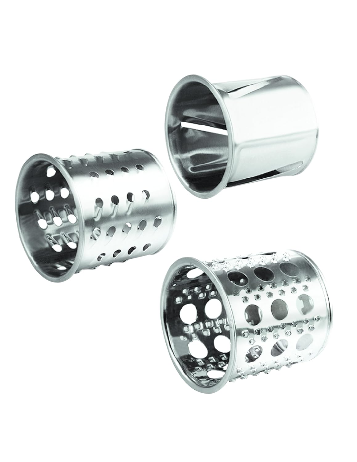 Stainless steel drums for shredding, slicing, and grating vegetables.