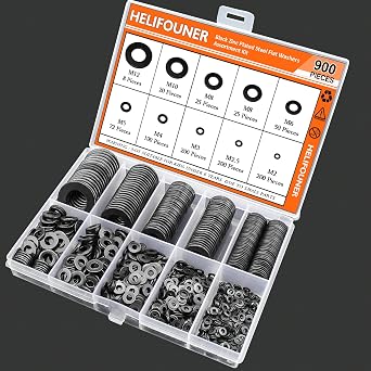 900 Pieces Black Zinc, HELIFOUNER Flat Washers Assorted Kit, Flat Washers, Metric Washers, Lock Metal Washers (M2 M2.5 M3 M4 M5 M6 M8 M10 M12)