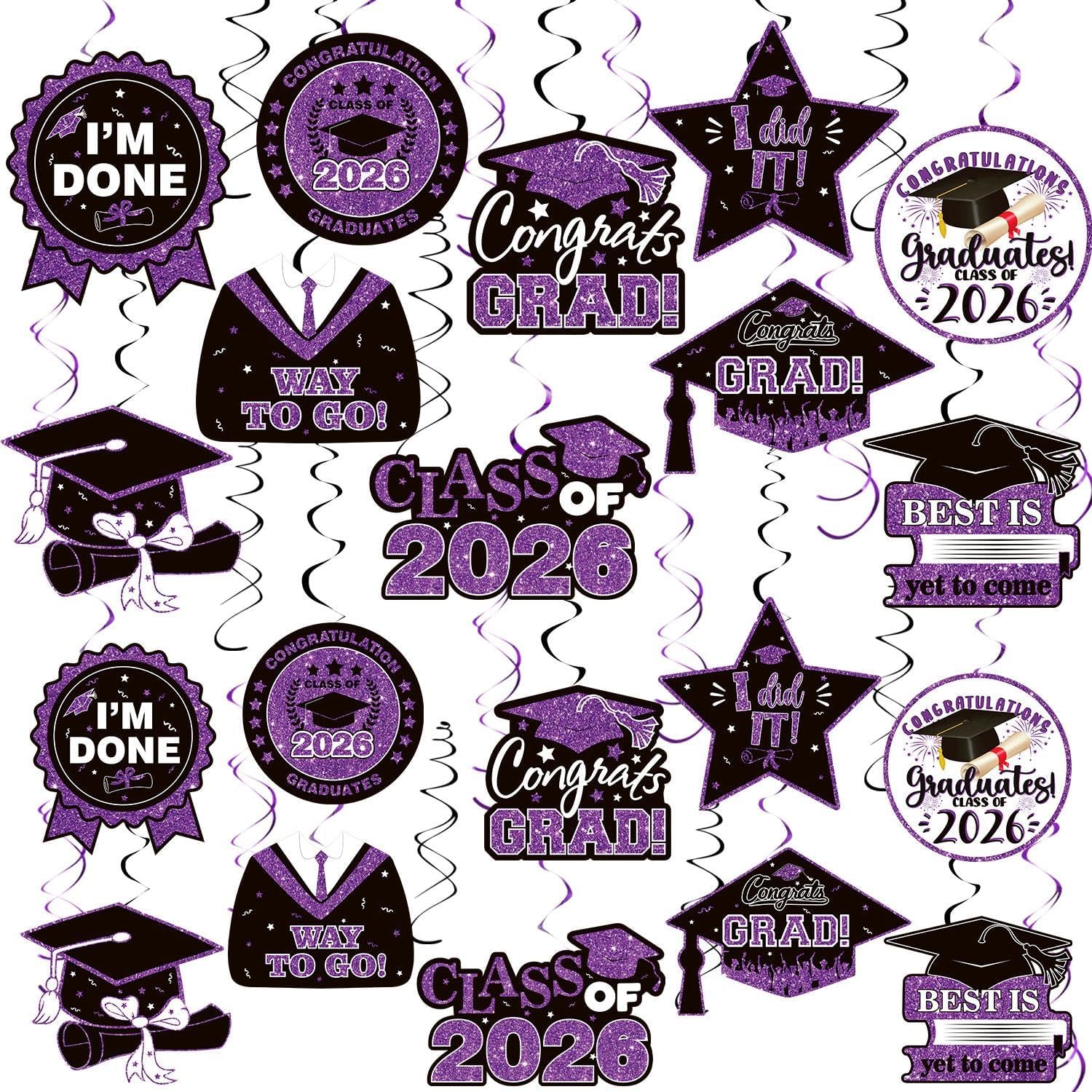 KALOR Graduation Decorations Hanging Swirls, 10 Pcs Purple and Black Class of 2026 Congrats Grad Hanging Swirl for 2026 Graduation Party Supplies