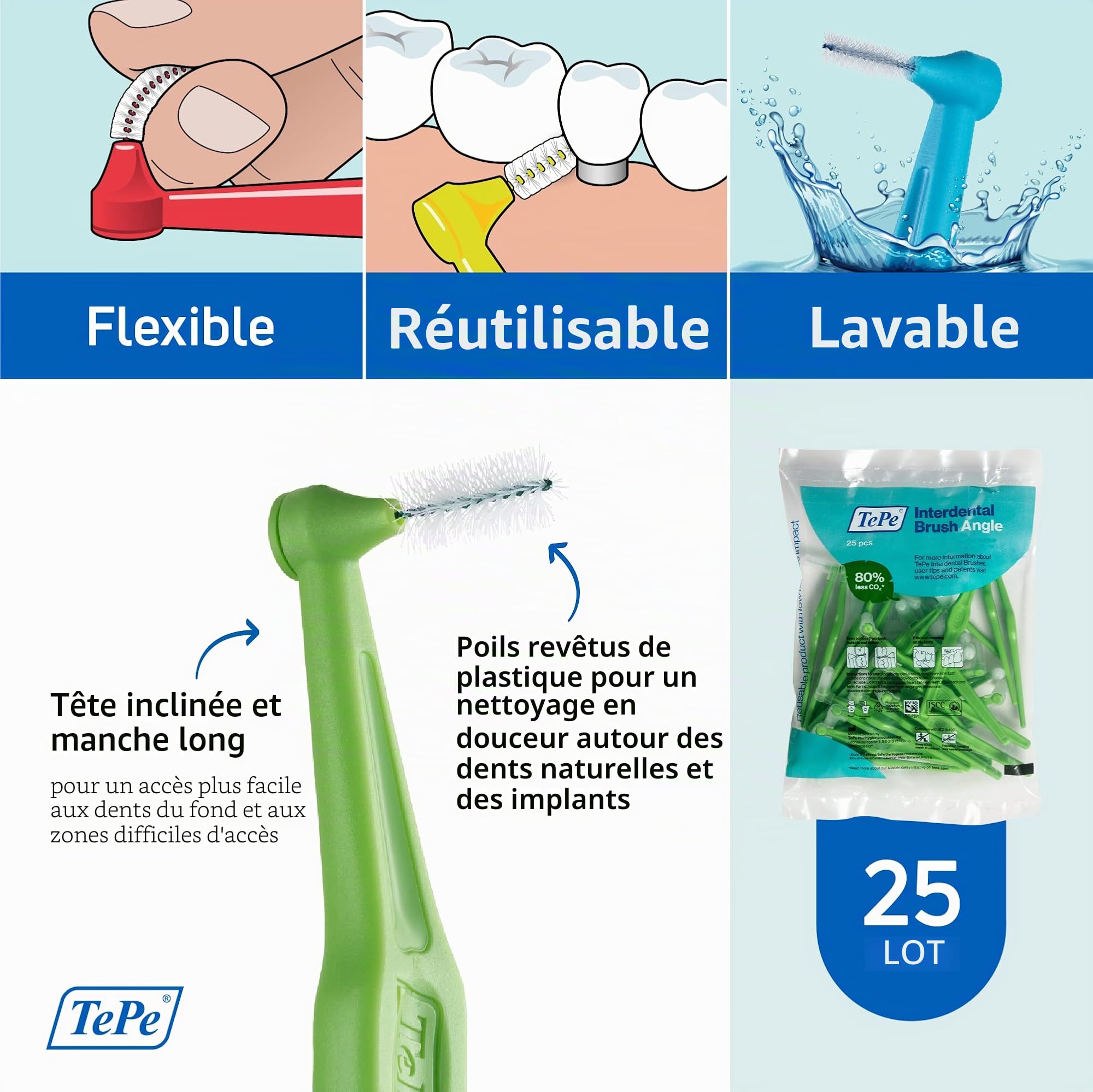 TEPE Lot de 25 brosses interdentaires angulaires pour le nettoyage des dents, 0,8 mm, grands espaces, vert, taille 5