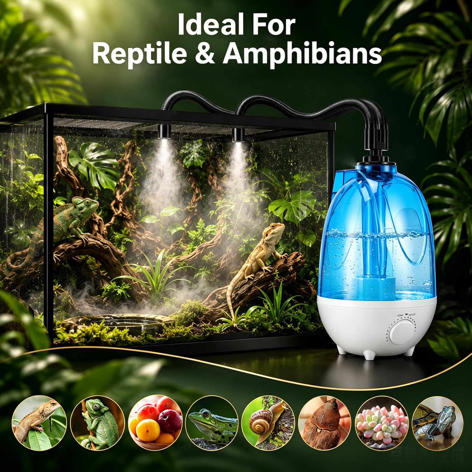 Nebulizzatore per Terrario Rettili, 4L Umidificatore per Terrario 300mL/h, Tubo Regolabile 40-160cm, 7 Colori Luce Notturna, Protezione Anti-Siccità, Ultrasonico Silenzioso con Doppio Ugello