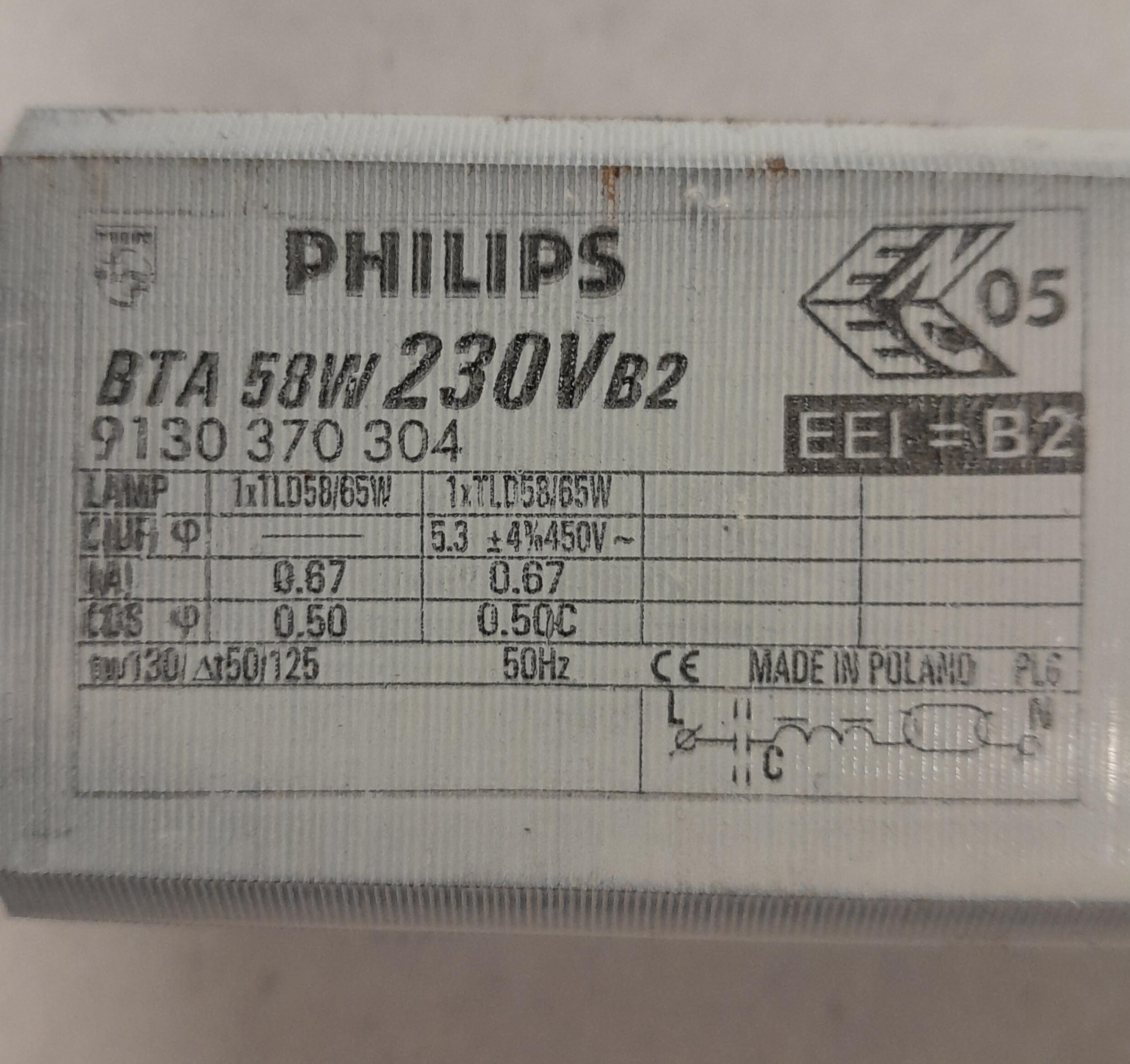 DSTOCK60 - Vorschaltgerät, elektromagnetisch, fluoreszierend, BTA 58 W, 230 V, B2, kompatibel mit Philips 8711500944375