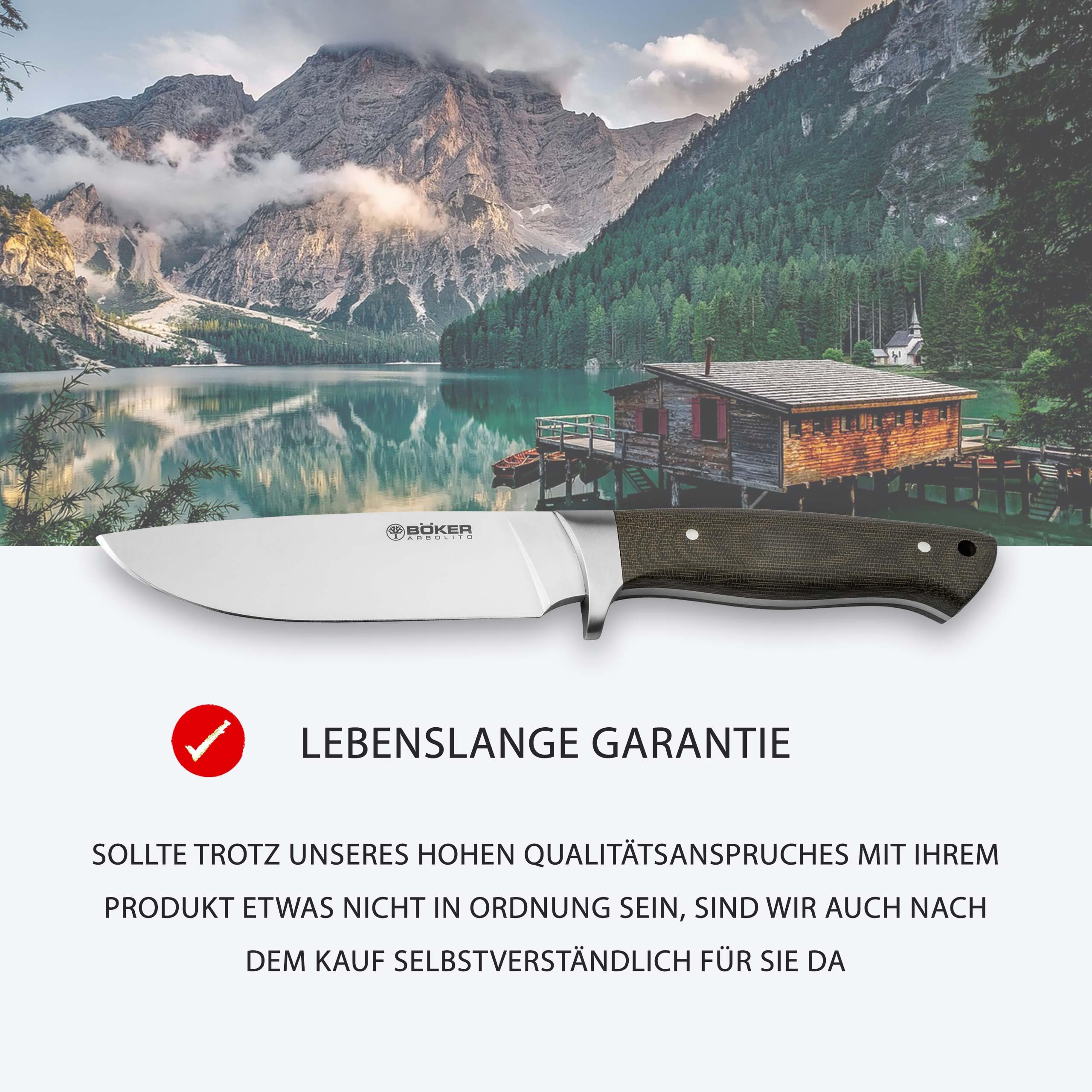 ARBOLITO BÖKER Hunter Micarta - Jagdmesser mit feststehender Klinge 12 cm - Profi Outdoor-Messer mit Lederscheide schwarz - Fulltang Messer mit Micarta Griff grün - Survival-Messer in Geschenk-Box