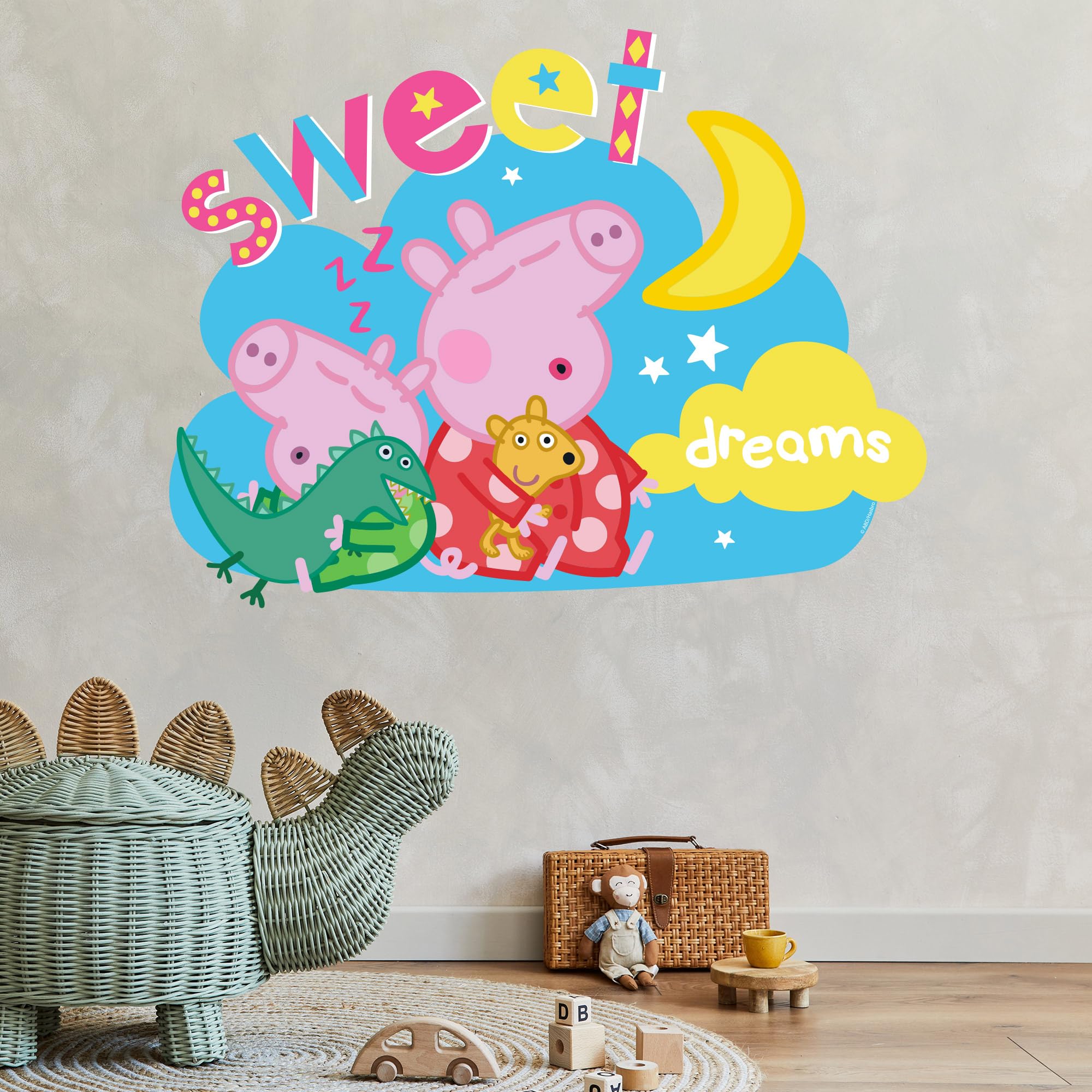 Peppa Pig Wall Sticker - Peppa Pig and George Sweet Dreams Cloud Wall Decal Kids Art (120cm Width x 90cm Height)