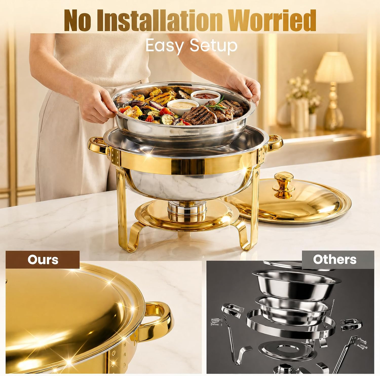 Gold Chafing Dishes for Buffet Set 4 Pack, 5QT Chafing Dish Buffet Set with 2 Heat-Proof Gloves, 4 Spoons, 4 Slotted Spoons & 4 Tongs, Round Buffet Servers and Warmers for Parties, Weddings