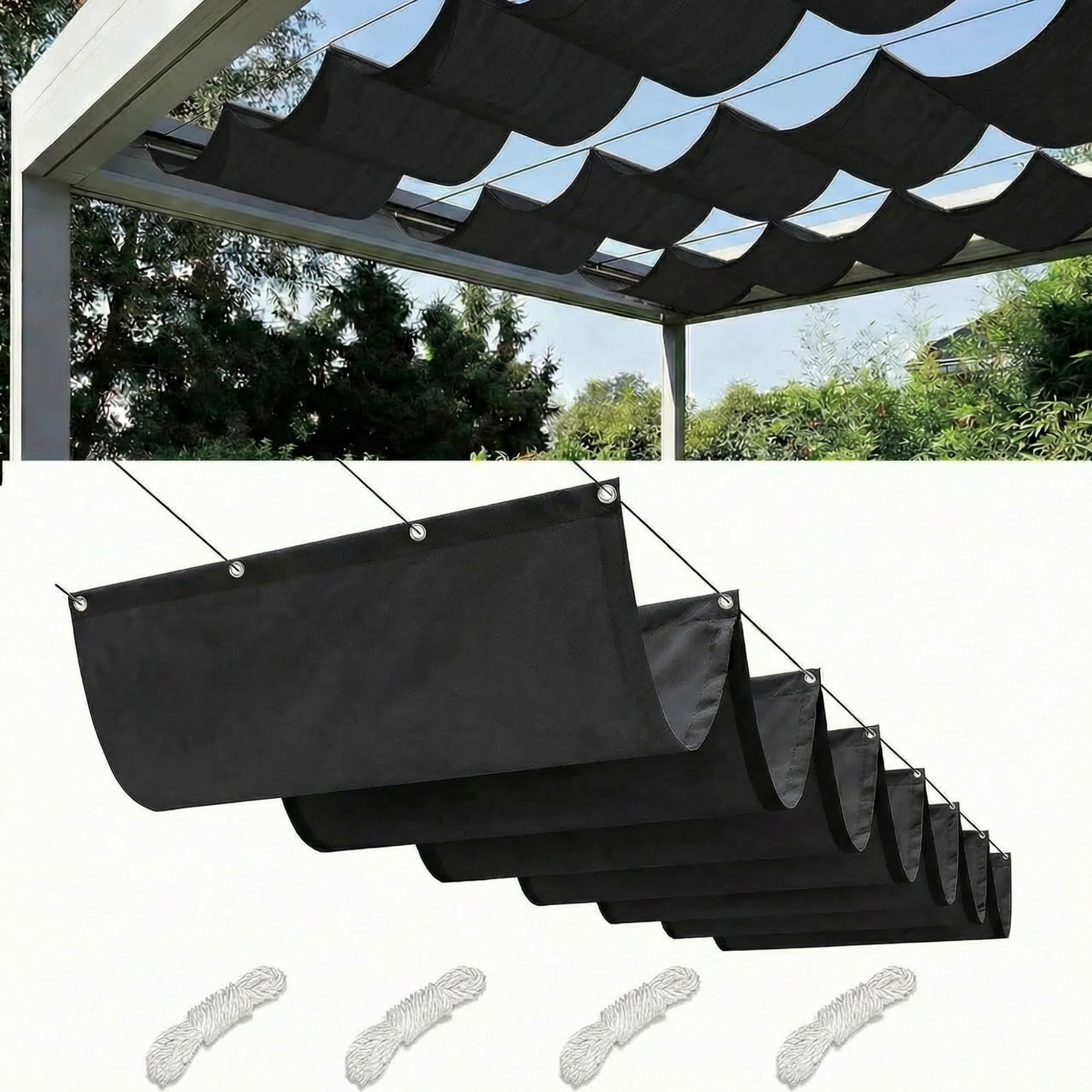 Retractable Wave Sun Shade Sail Waterproof Pergola Cover 95% UV Protection Outdoor Awning Canopy with Ropes for Patio Garden Deck Porch BBQ Shelter Privacy Screen Summer(Pure Black,4x4M(L x W)) — image 1