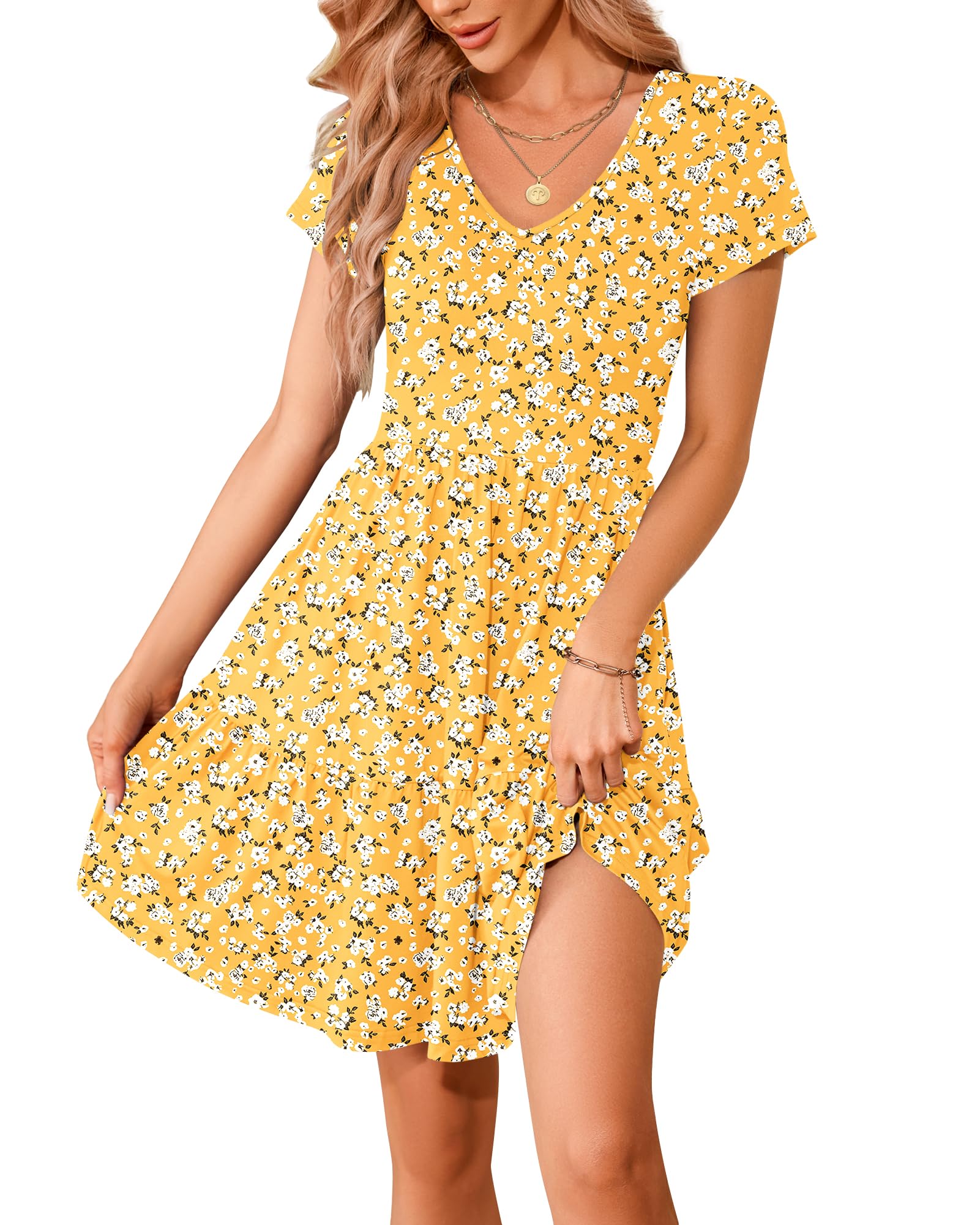 WNEEDU Women's V Neck Short Sleeve Summer Dresses Elegant Knee-Length Casual Dresses Waist Hugging Mini Dress with Pockets