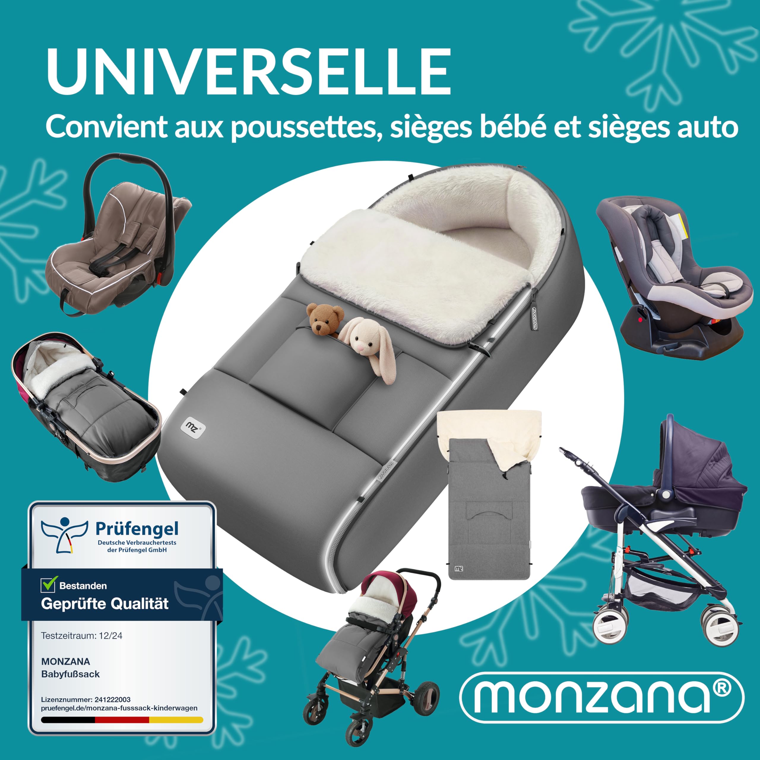 MONZANA® Chancelière universelle avec chauffe-mains pour poussette, landeau ou siege auto, Reducteur de lit bébé, Couverture bebe emmaillotage, nid d'ange, gigoteuse Hiver, Plaid - Gris