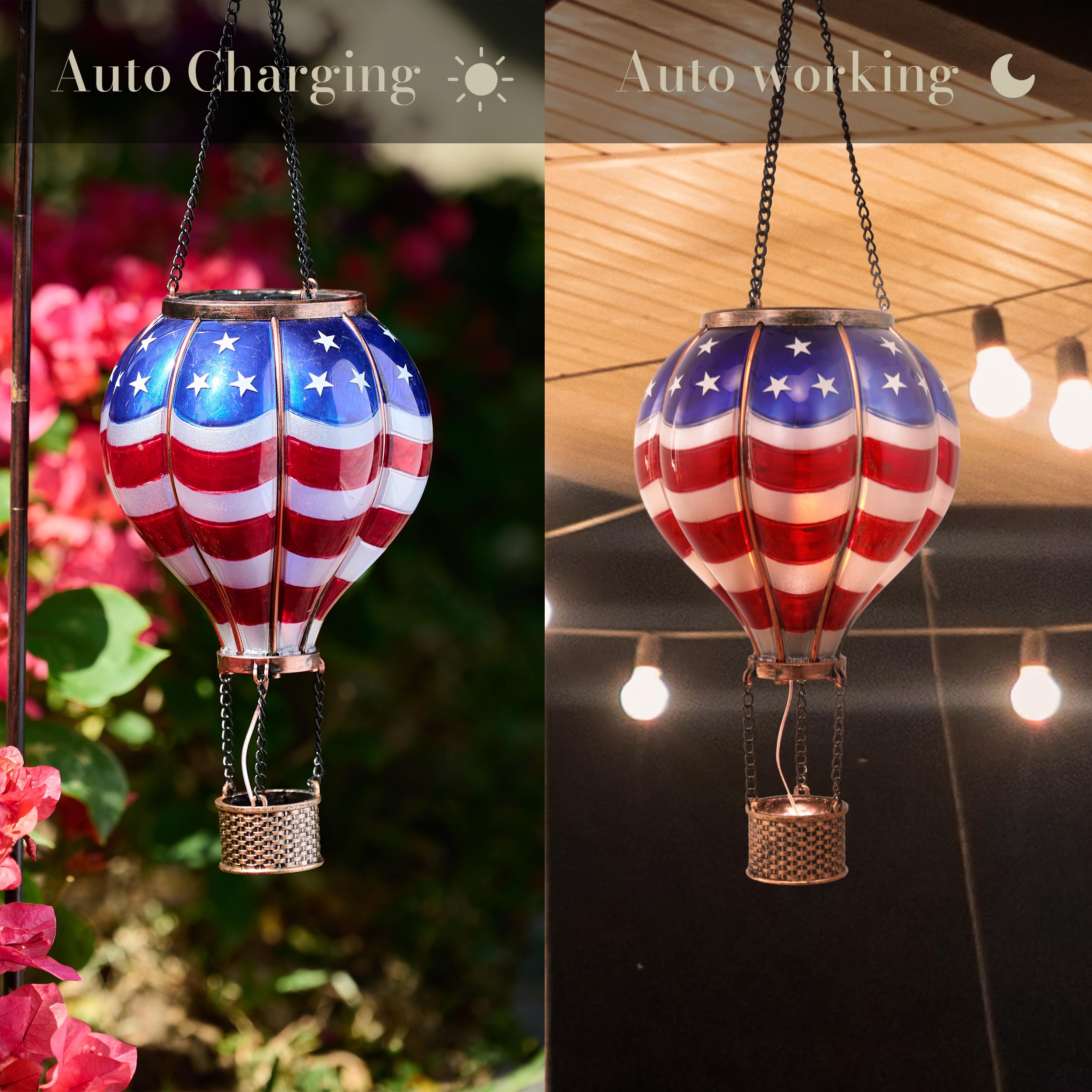 TERESA'S COLLECTIONS Memorial Day Hot Air Balloon Solar Lantern for Garden Decor,Hanging Flickering Flame Outdoor Lights for Trees Yard Patriotic Decor,America 4th of July Decorations,Gifts for Women