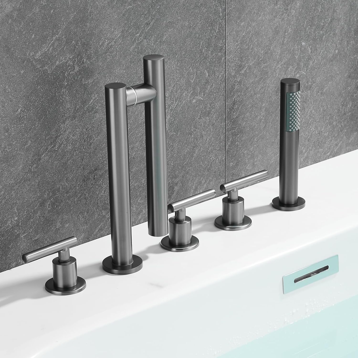 KUNYOS Shower Faucet 5-Hole Rim Bathtub Faucet Bathtub Faucet 360° Swivel Faucet Two-Handle with Hand Shower
