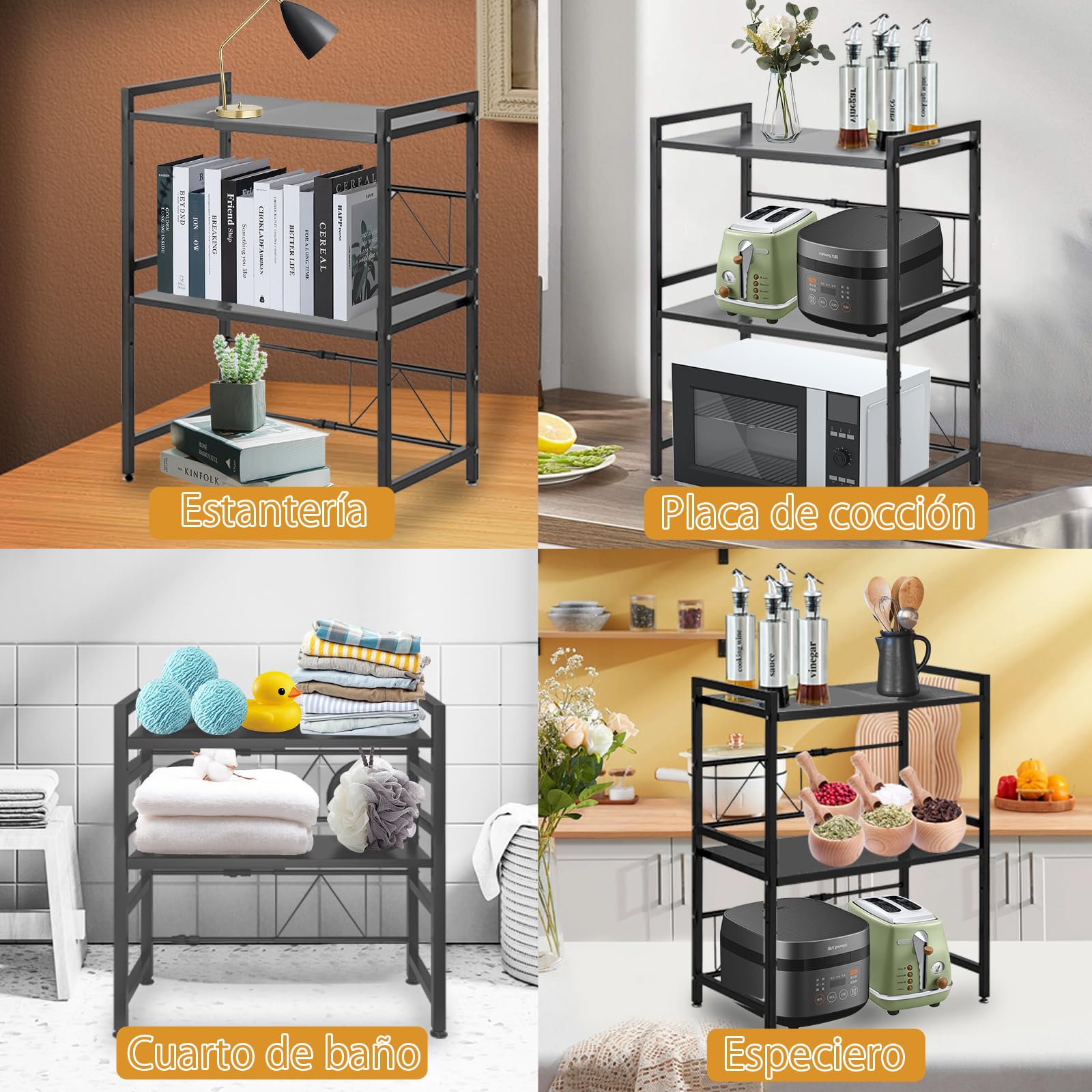 Estante para microondas de 2 Capas, Estante para tostadora, Estante de Cocina, Ancho telescópico de 40 a 63 cm (óptimo Dentro de 60 cm) con Gancho móvil, Capacidad de Carga 75 kg (Negro)
