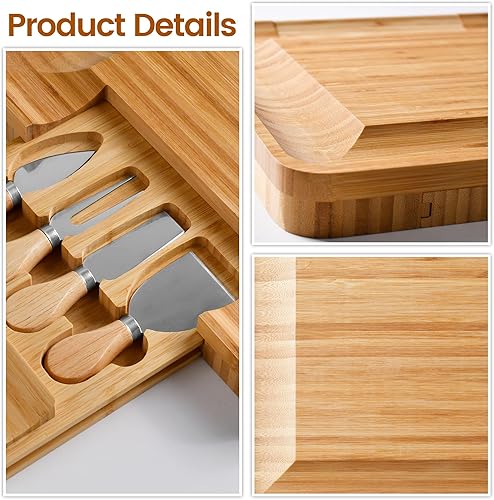 Miniatura 4 de Juego de tabla de queso de bambú y cuchillos, juego de tabla cuadrada de charcutería con bandeja deslizante, tabla de cortar de gran tamaño con