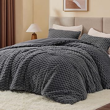 BEDELITE Fluffy Full Size Comforter Set - Dark Grey Fleece Soft Comforter for Full Size Bed, Luxury Warm Bedding Set for Winter, Fuzzy Bed Set 3 Pieces (1 Comforter, 2 Pillowcases)
