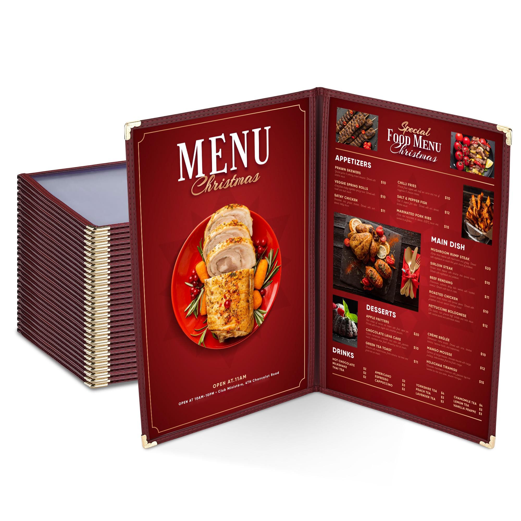 WeChef 30 Pack Restaurant Menu Covers Red 8.5x14" Double Stitched 2 Pages 4 Views PVC Transparent Restaurant Menu Holder Book Cafe Hotel Bar Burgundy