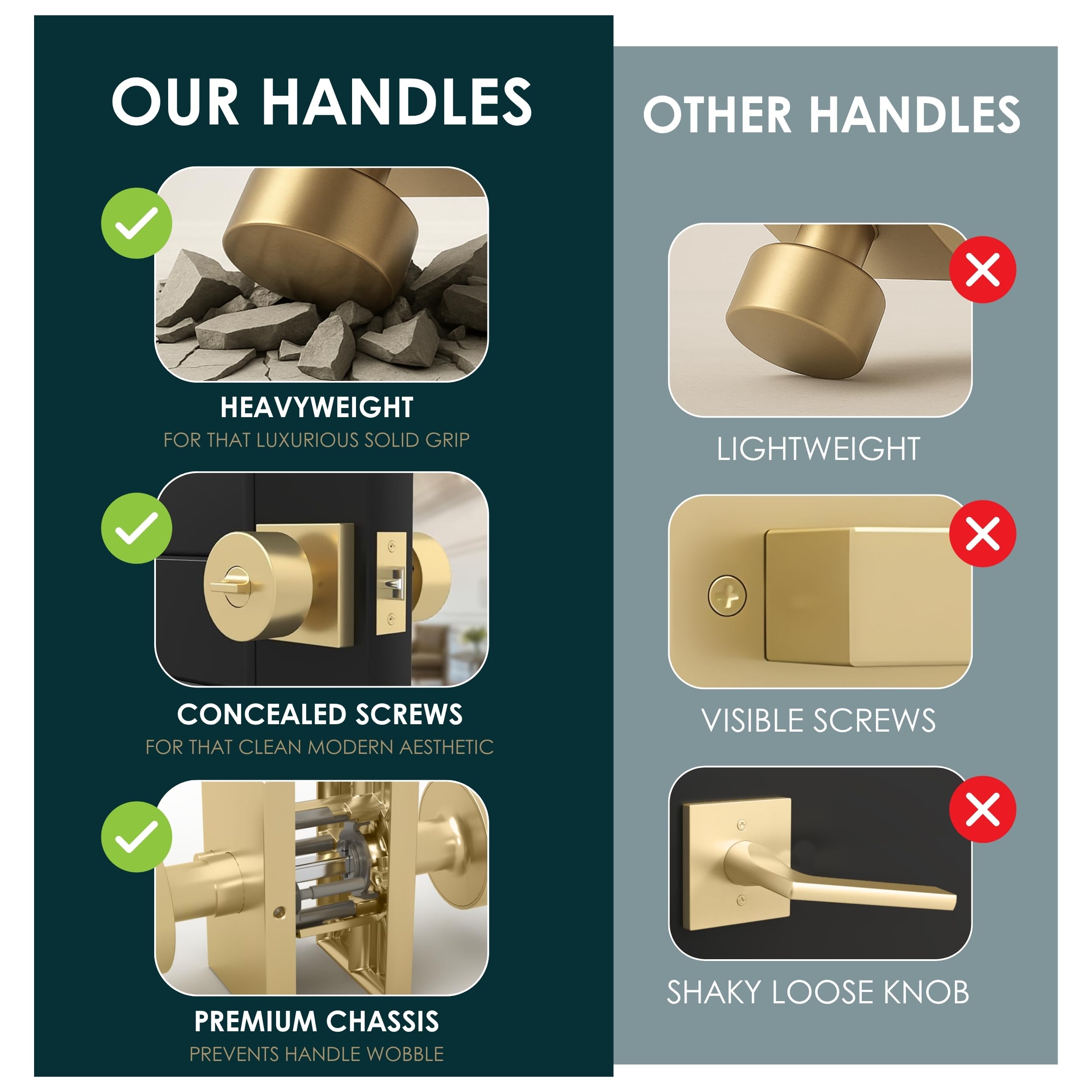 Mega Handles Pomo de puerta de entrada I para entrada, dormitorio y baño, diseño reversible resistente, se adapta a todos los tamaños de puerta estándar, tornillos incluidos, latón satinado (paquete