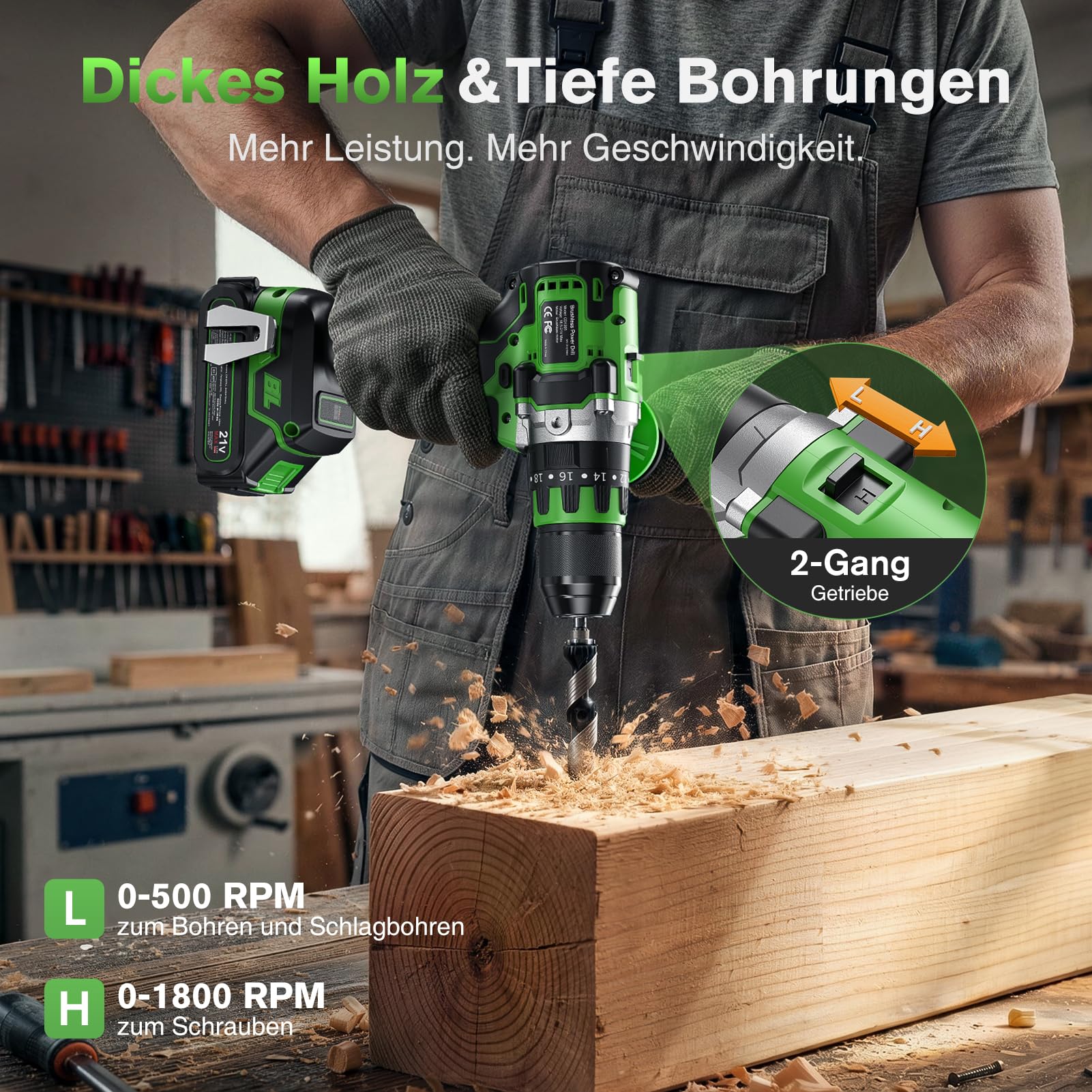 Ginour 21V Bürstenlos Akku Schlagbohrschrauber Set, 90 Nm, 2x2Ah 10C Akku, kompatibel mit Makita 18V Akku &Ladegerät, Schlagbohrfunktion, 22-tlg. Zubehör, 2-Gang, 20+3, 13mm Bohrmaschine Akkuschrauber