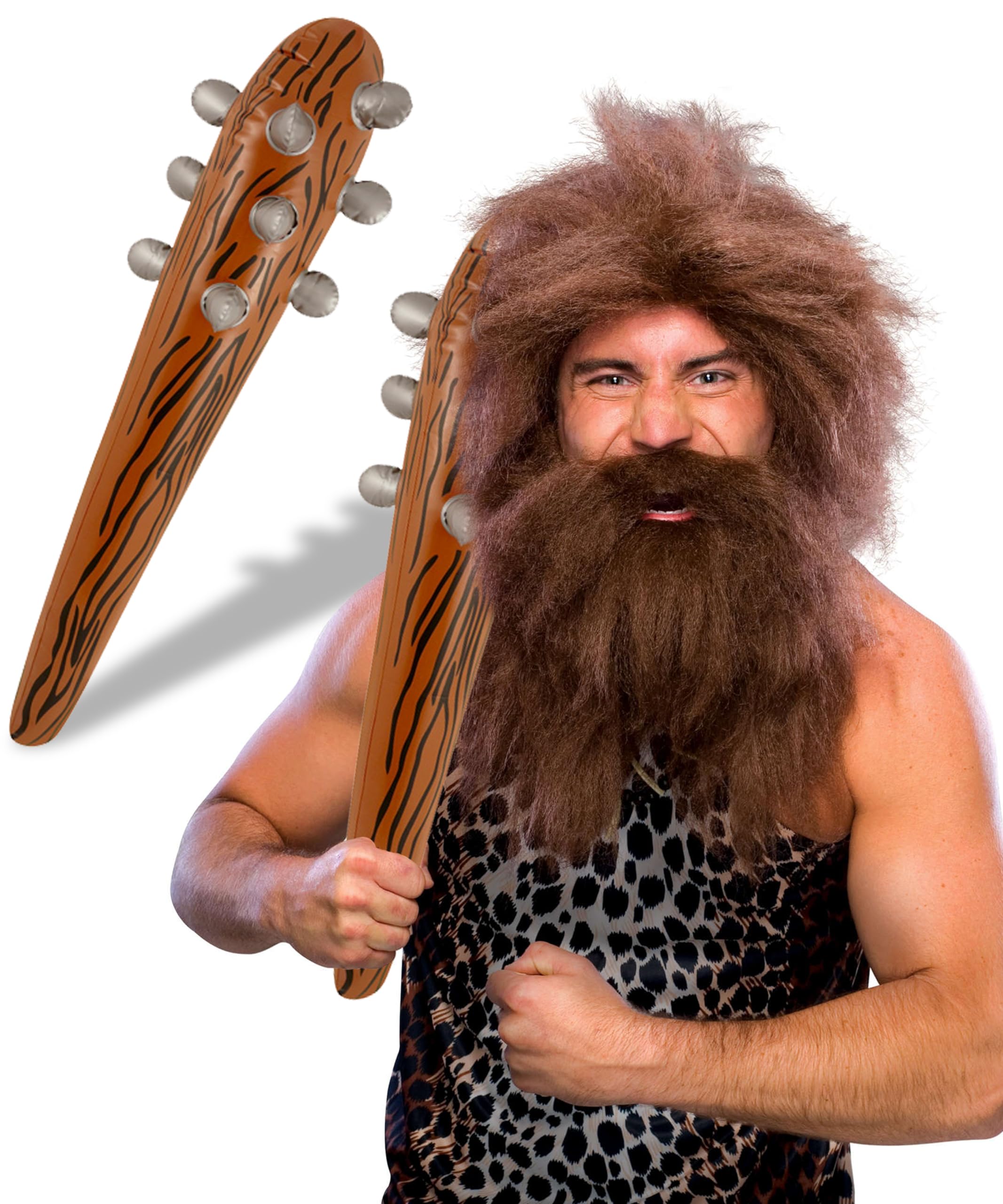 Bella Dox Caveman Costume Set for Men - Realistic Beard & Wig with Inflatable Club | Stone Age, Prehistoric, Jungle Theme Fancy Dress for Halloween & Cosplay Parties