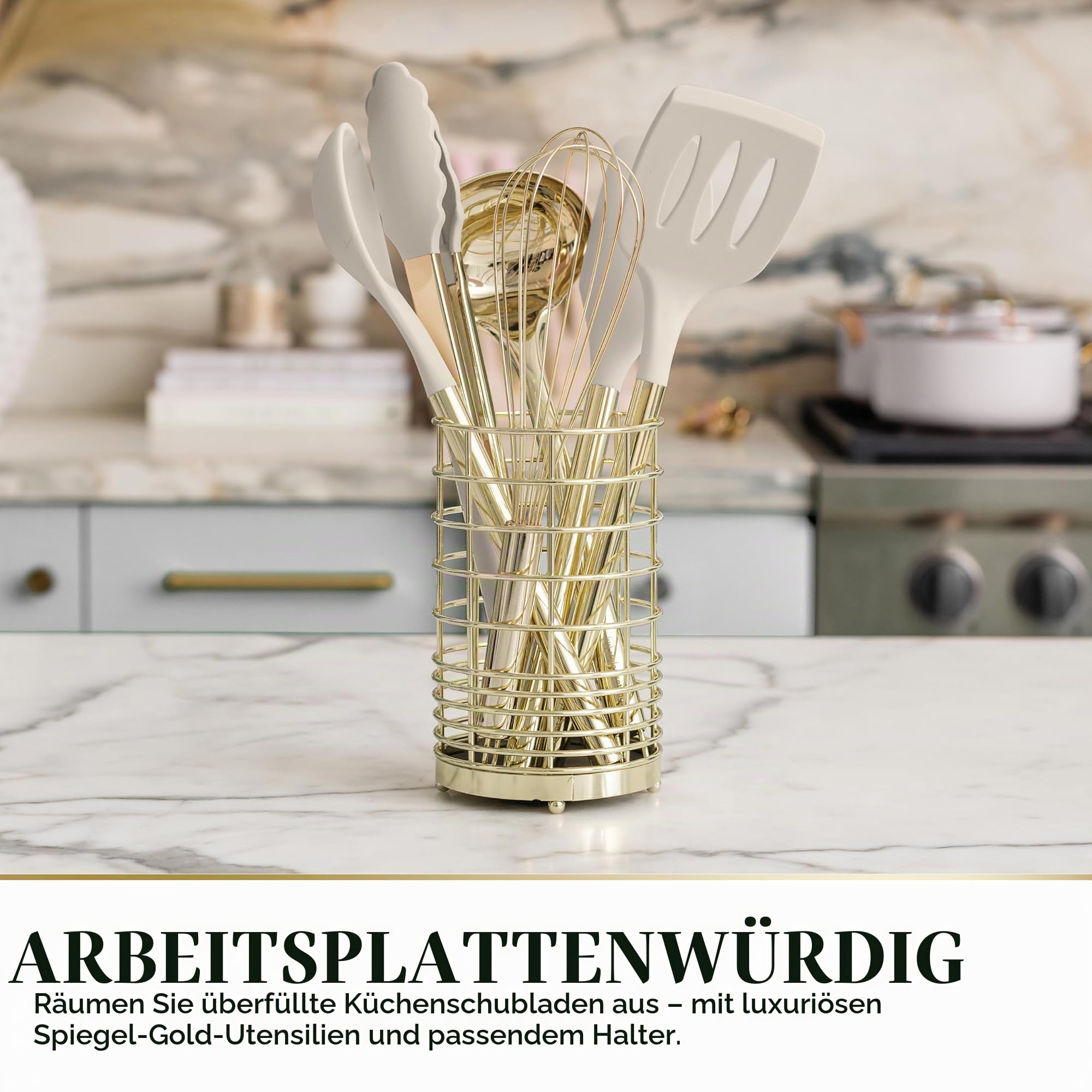 7-teiliges Beige und Gold Küchenutensilien Set - ungiftiges Silikon und Edelstahlwerkzeuge zum Kochen, Servieren und Hosten