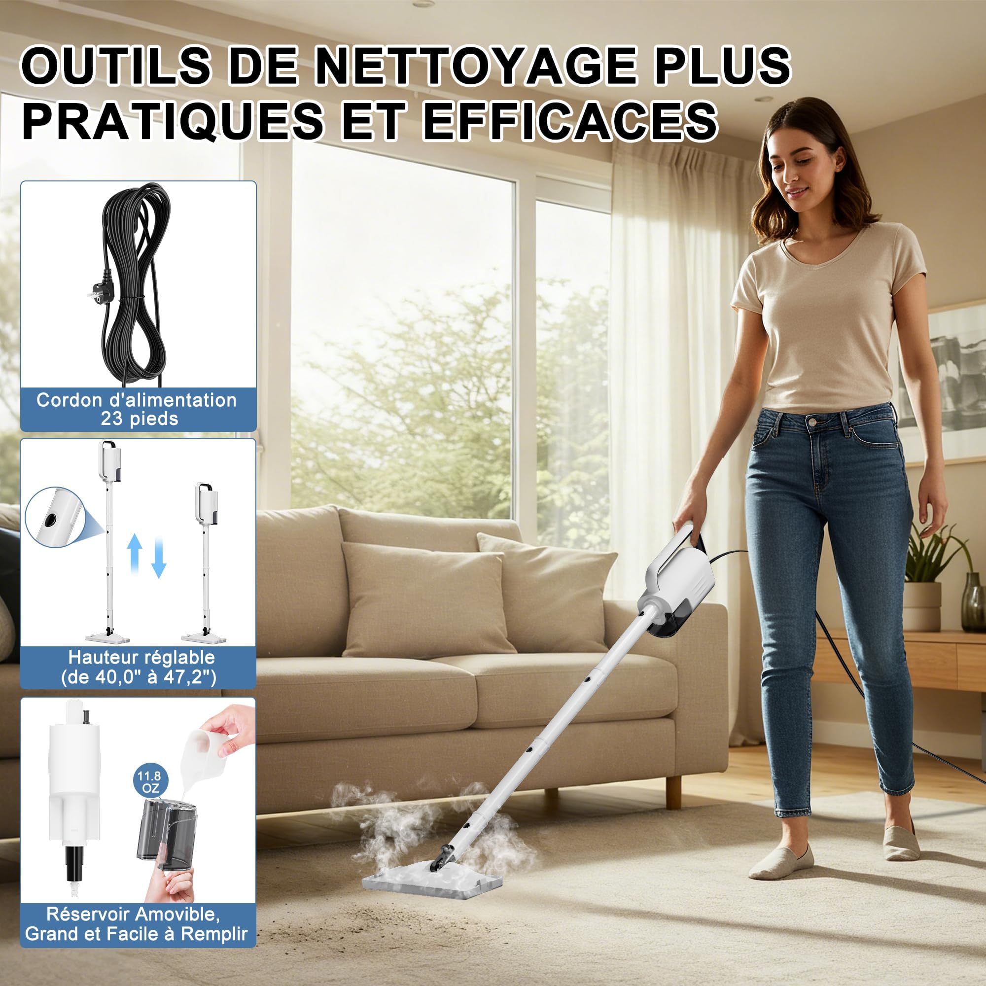 Nettoyeur Vapeur, Balais Vapeur Multifonction 8 en 1, 1500W, Élimine 99,9% des virus et bactéries, Steam Cleaner ECO Sans Détergents, Nettoyeur Vitre, Nettoyeur Vapeur Canapé