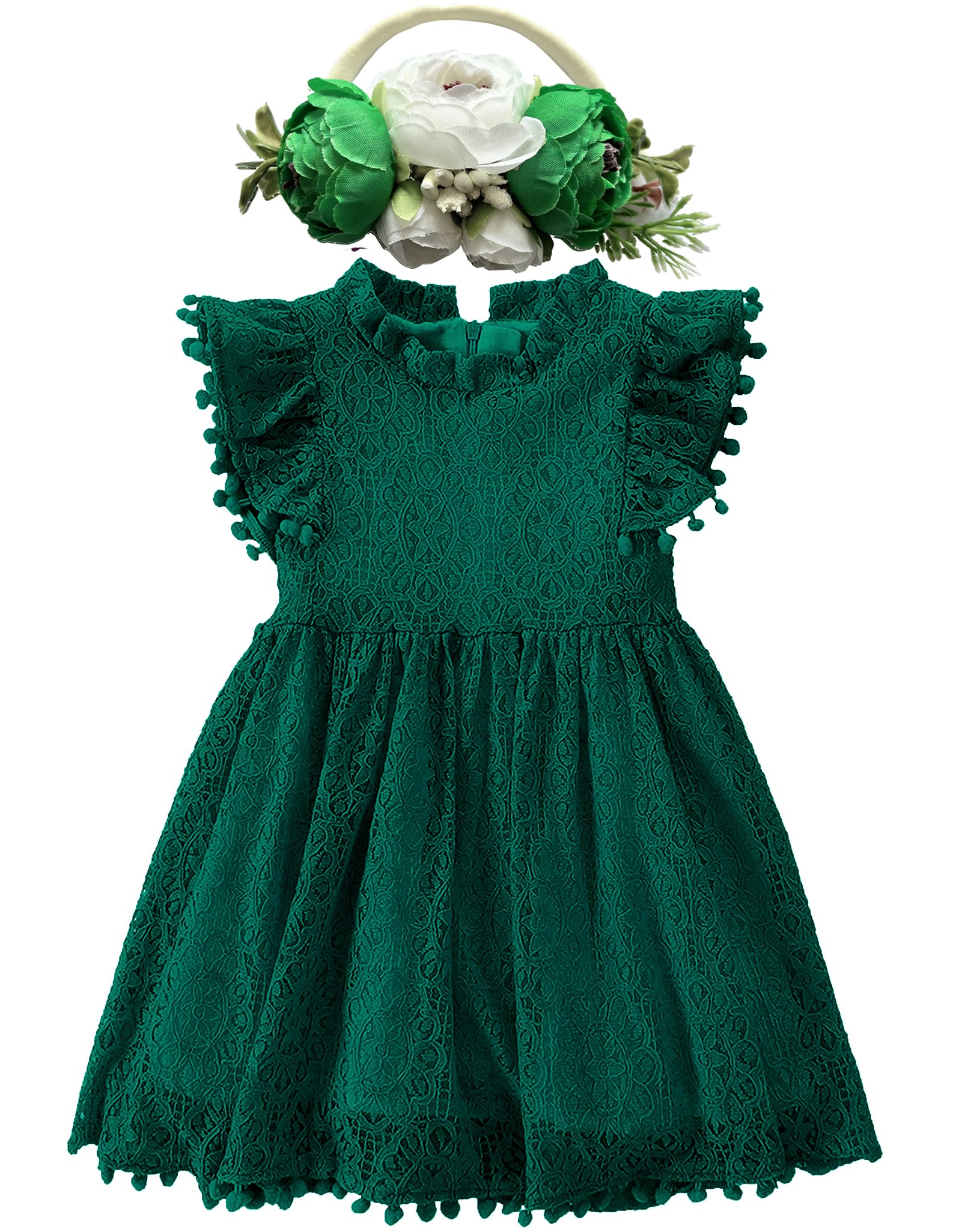 BGFKS Baby Girl Tutu Dress Elegant Lace Pom Pom Flutter Sleeve with Flower Headband Set