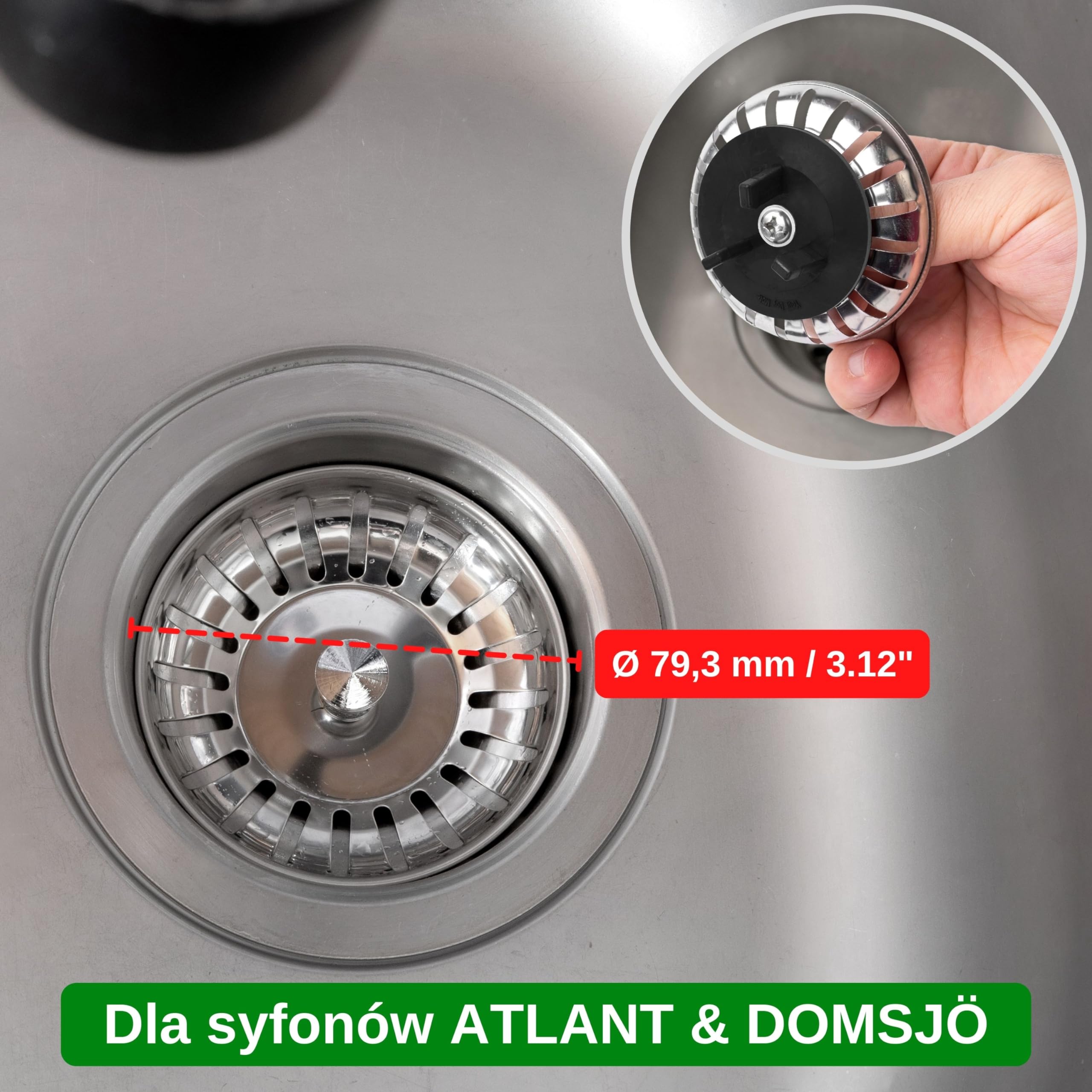 Koszyk sitka do zlewozmywaka, 2 szt, Ø 79,3 mm, kompatybilny z syfonami IKEA ATLANT i DOMSJÖ, koszyk sitka z gumową uszczelką na trzech nóżkach, część zamienna do zlewozmywaka Atlant i Domsjö