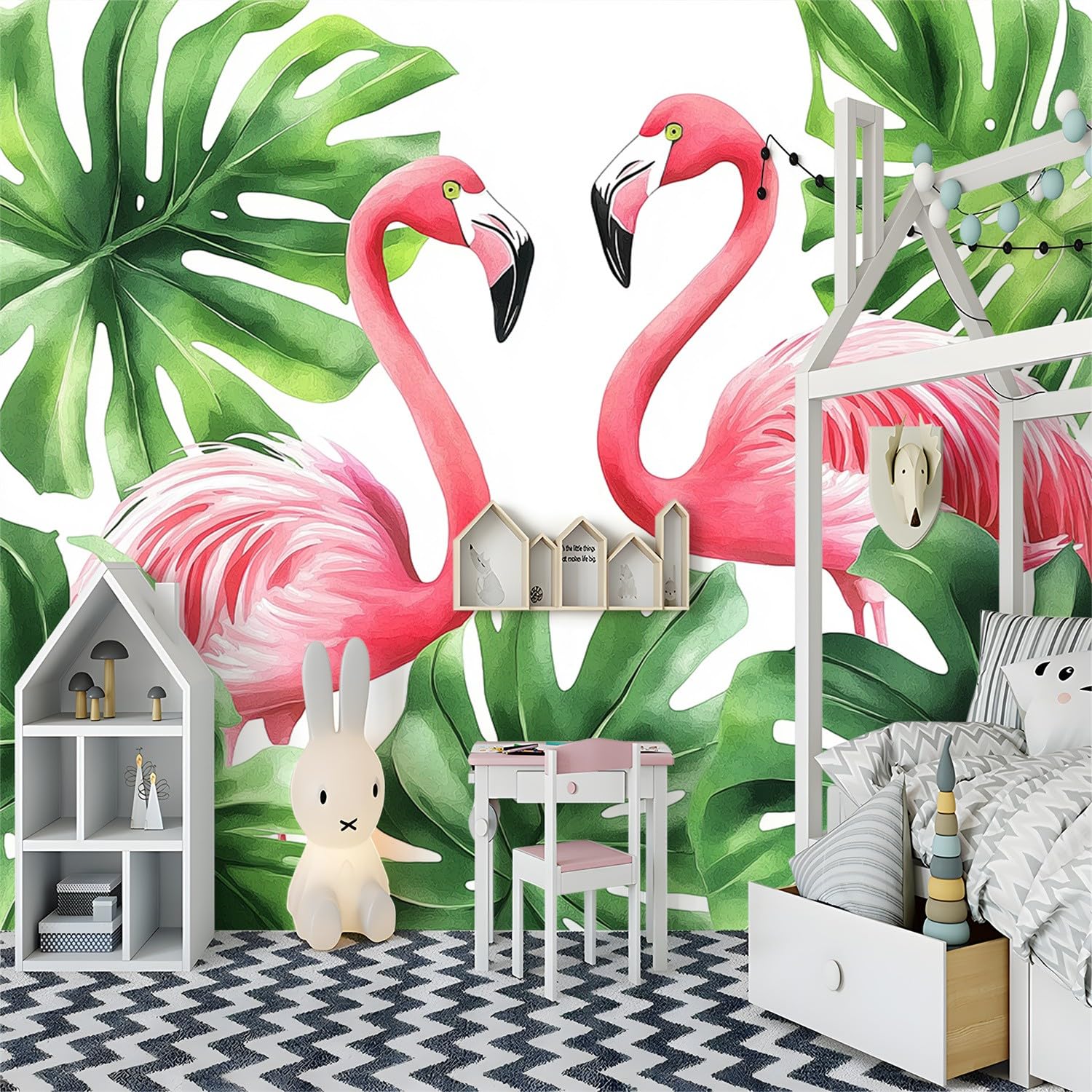 Fototapeta czerwona zielona fototapeta mural 300 x 210 cm różowe flamingi monstera liście palmowe sztuka zdjęcie mural dekoracja do salonu, sypialni, biura i pokoju dziecięcego, łatwy w instalacji