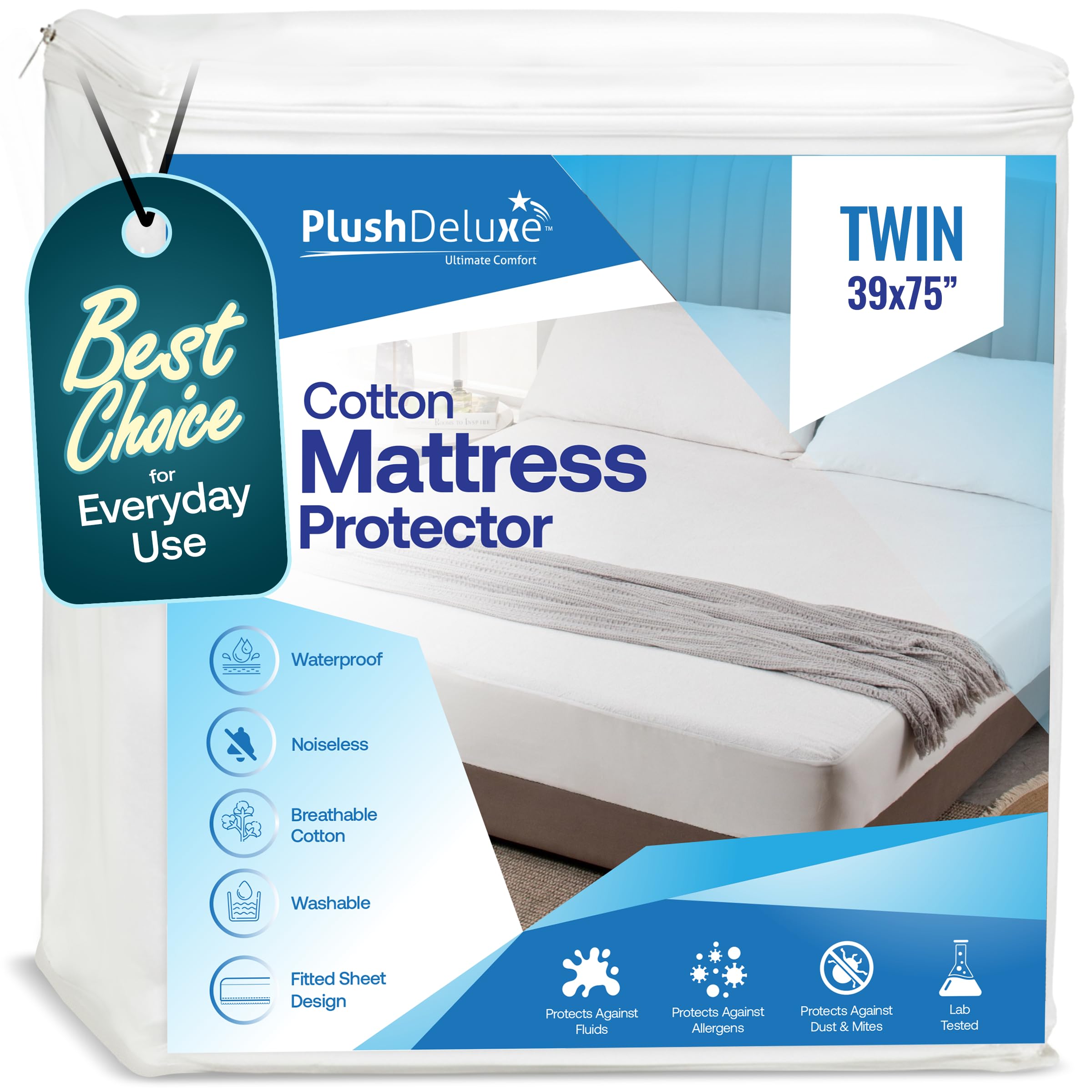PlushDeluxe Twin Cotton Mattress Protector – Waterproof Cover with Fitted Sheet Design – Soft and Durable Mattress Pad for Noiseless Sleep – Easy to