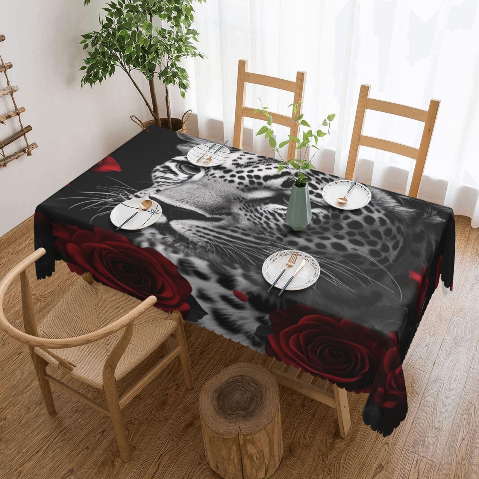 Nappe léopard et roses 137x183 cm rectangulaire et déperlante