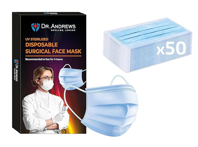 Dr. ANDREWS LONDON Non-Woven 3 Ply Surgical Face Masks CE Certified with Meltblown Filter, Nose Bridge (Pack of 50, Blue).