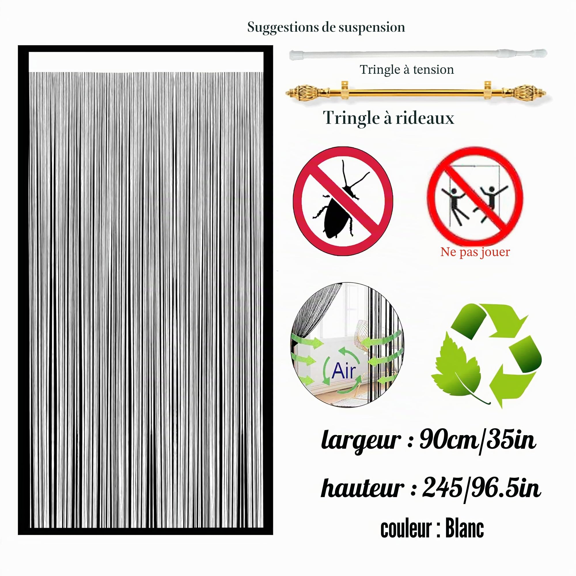 Rideau Anti Mouches Porte Extérieur 90 x 245 cm Blanc Moustiquaire Fenêtre