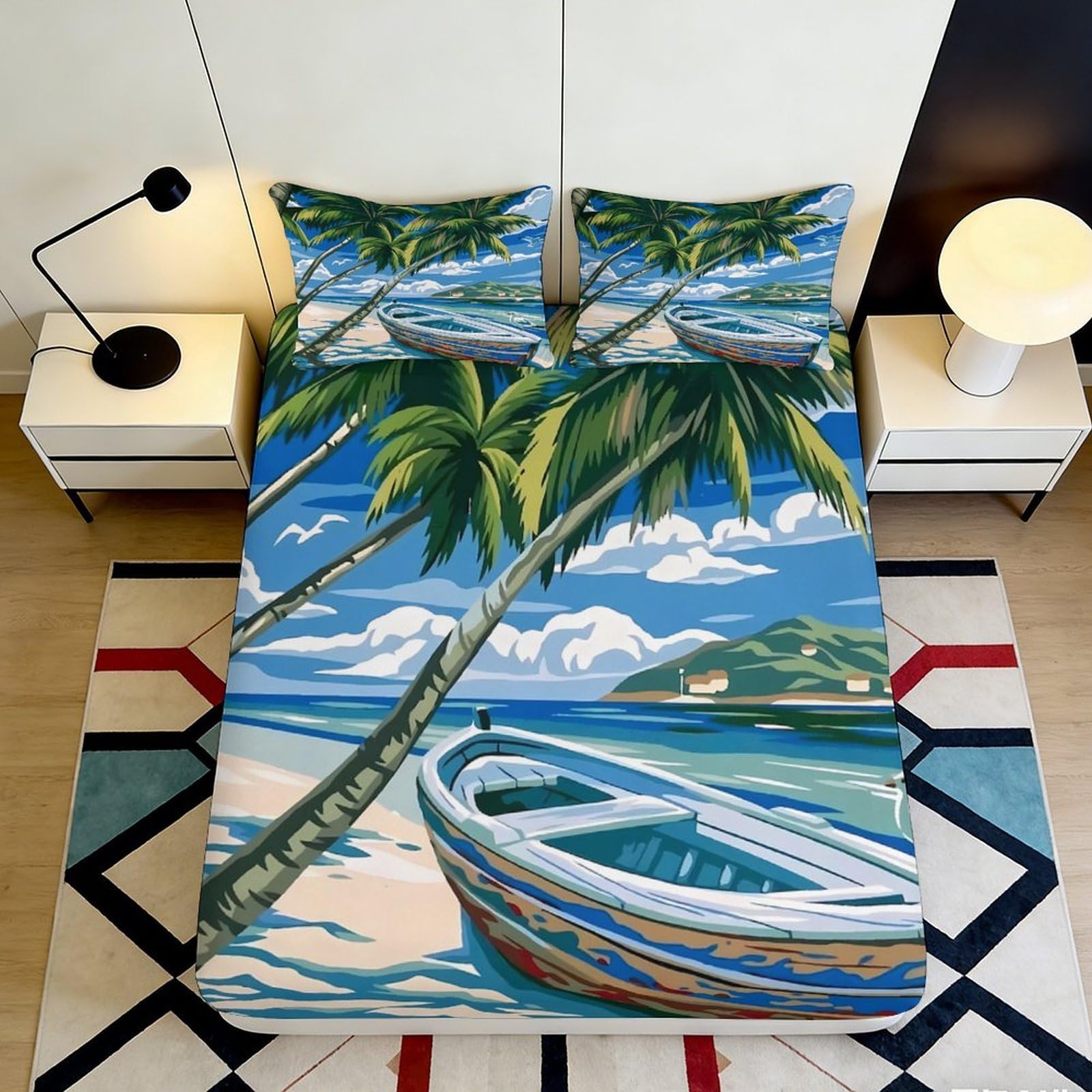 3D Printed Tropical Beach Fitted Sheet Microfiber Deep Pocket Bedroom Bedding Set Palm Island Mattress Fitted Cover Non-Slip Washable 120x200x25cm